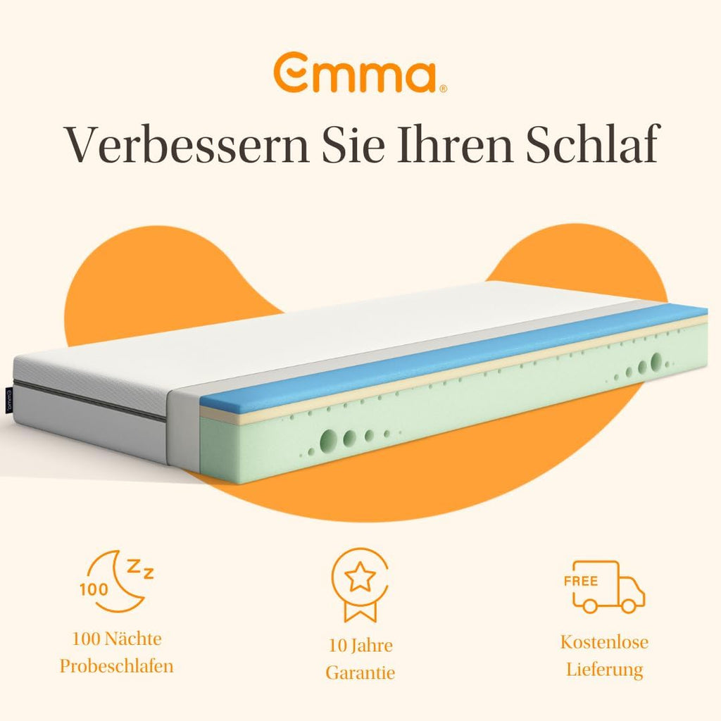 Emma One Kaltschaummatratze 180x200 cm, H2 Mittelhart, 3-Zonen-Stützung, Memory-Schaum, Atmungsaktiver Bezug Weiß