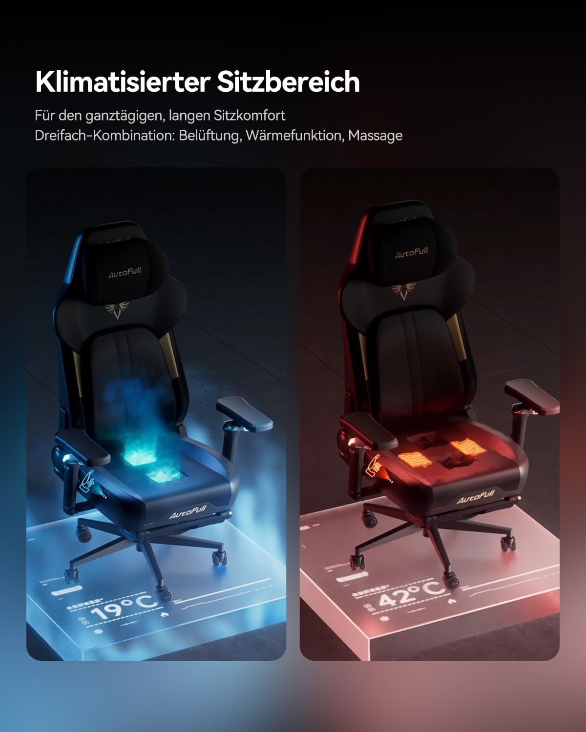 AutoFull M6 Ultra 2.0 Gaming-Stuhl Ergonomisch mit Massage, 720° Armlehnen, Lendenstütze, Kopfkissen, Schwarz