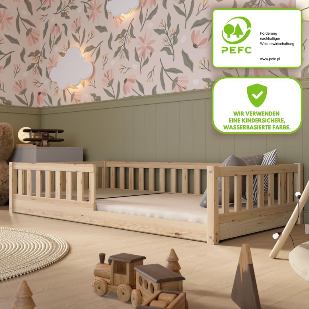 Kinderbett 100x200 cm – Massives Montessori Bodenbett aus Holz mit Rausfallschutz – Sicheres Kleinkindbett – Skandinavisches Design, Leichte Montage - Crazy Basic