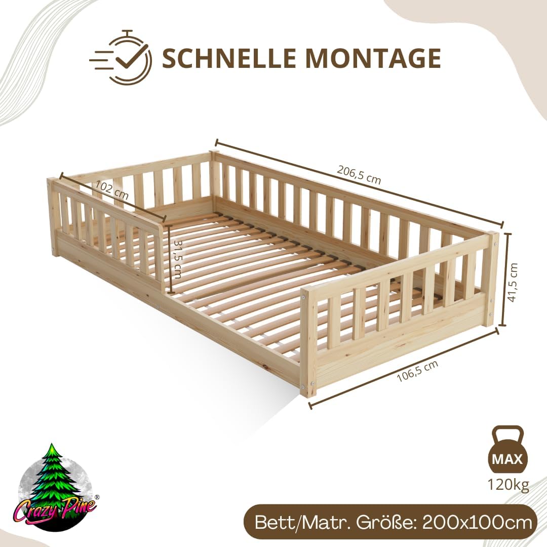 Kinderbett 100x200 cm – Massives Montessori Bodenbett aus Holz mit Rausfallschutz – Sicheres Kleinkindbett – Skandinavisches Design, Leichte Montage - Crazy Basic