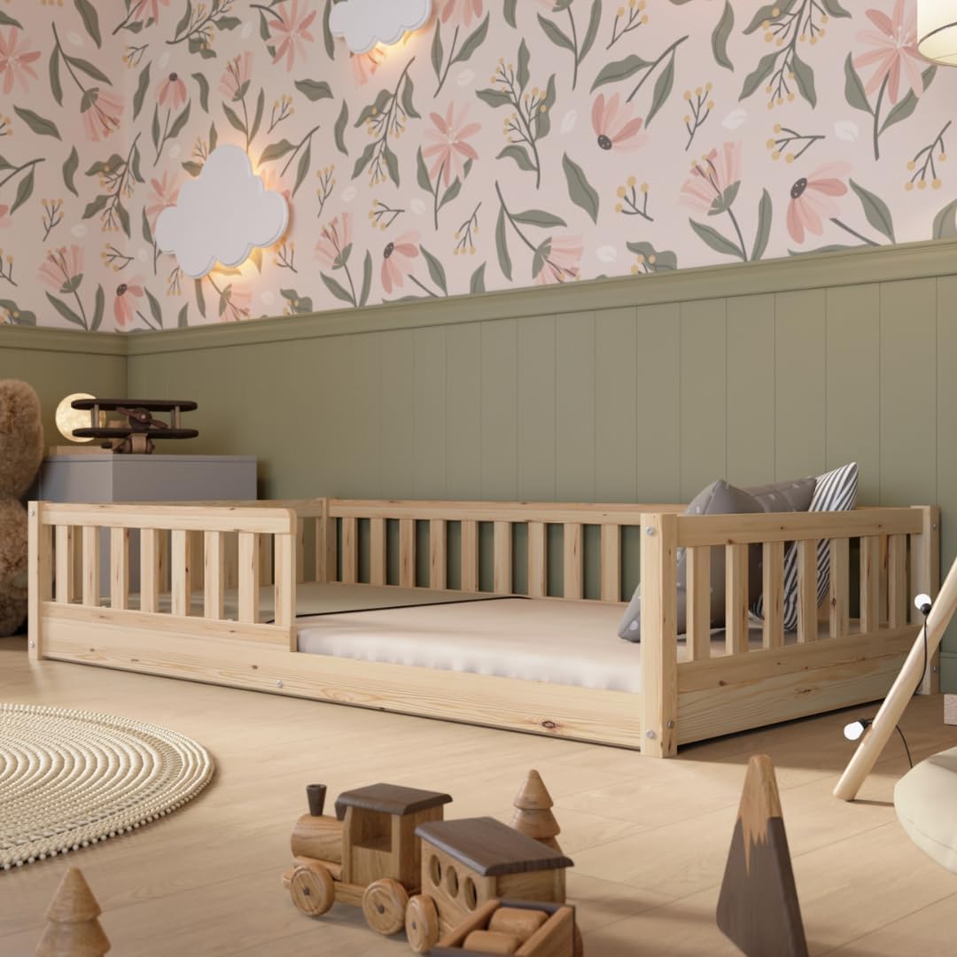 Kinderbett 100x200 cm – Massives Montessori Bodenbett aus Holz mit Rausfallschutz – Sicheres Kleinkindbett – Skandinavisches Design, Leichte Montage - Crazy Basic