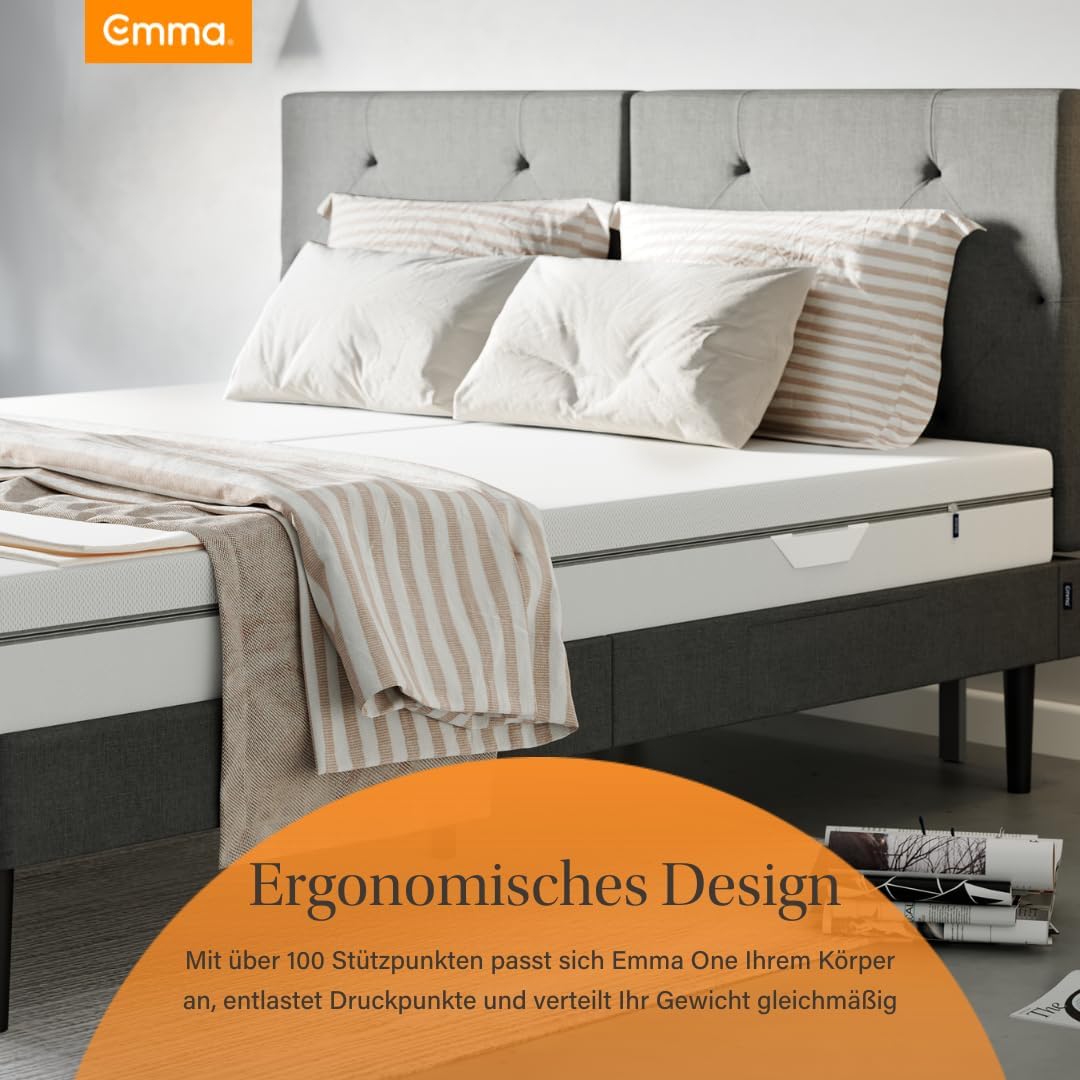 Emma One Kaltschaummatratze 180x200 cm, H2 Mittelhart, 3-Zonen-Stützung, Memory-Schaum, Atmungsaktiver Bezug Weiß