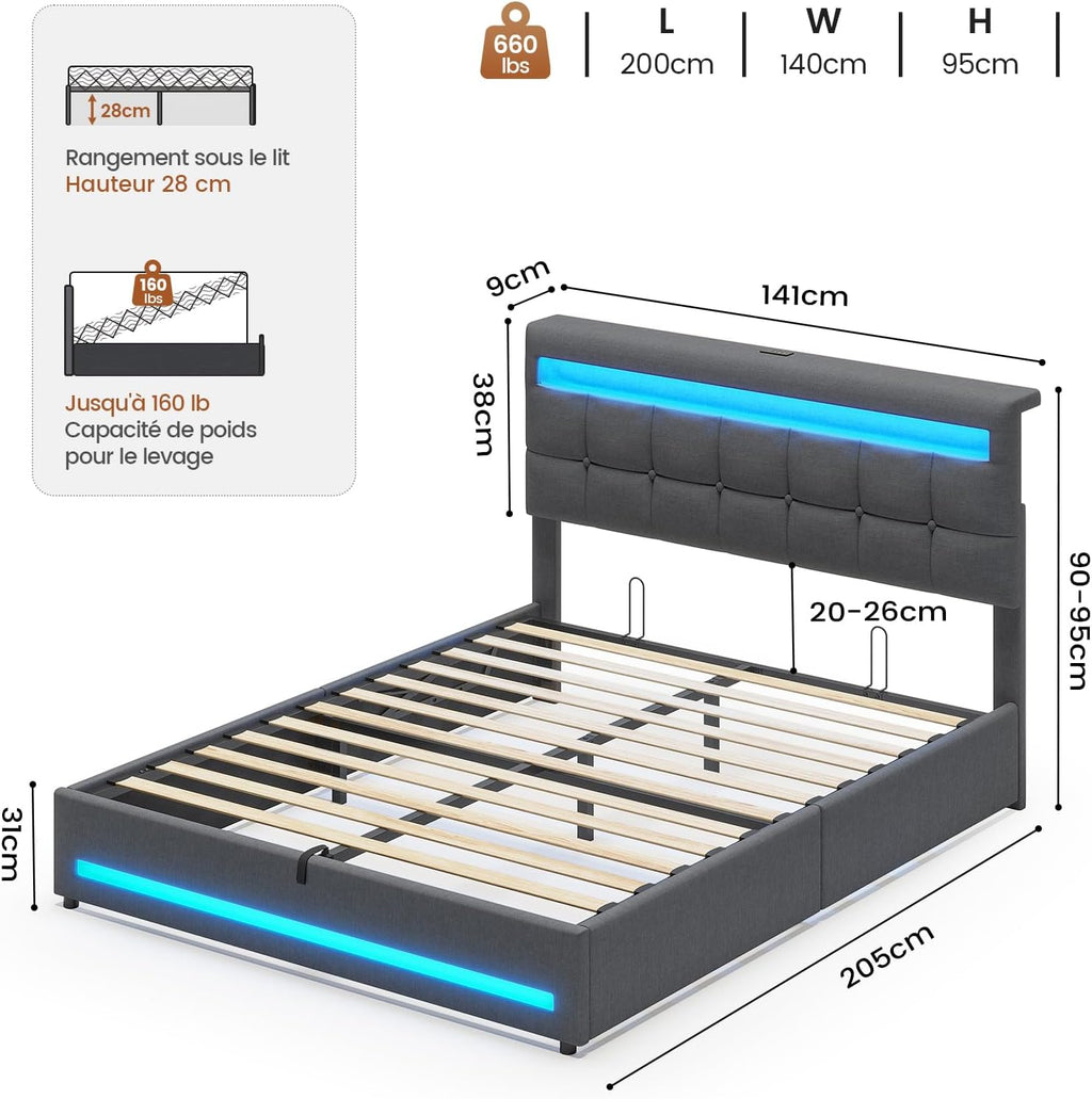 AOGLLATI Hydraulisches Polsterbett 140x200 cm mit LED, USB-Ladestation, Stauraumbett mit Lattenrost, Leinen Dunkelgrau, ohne Matratze