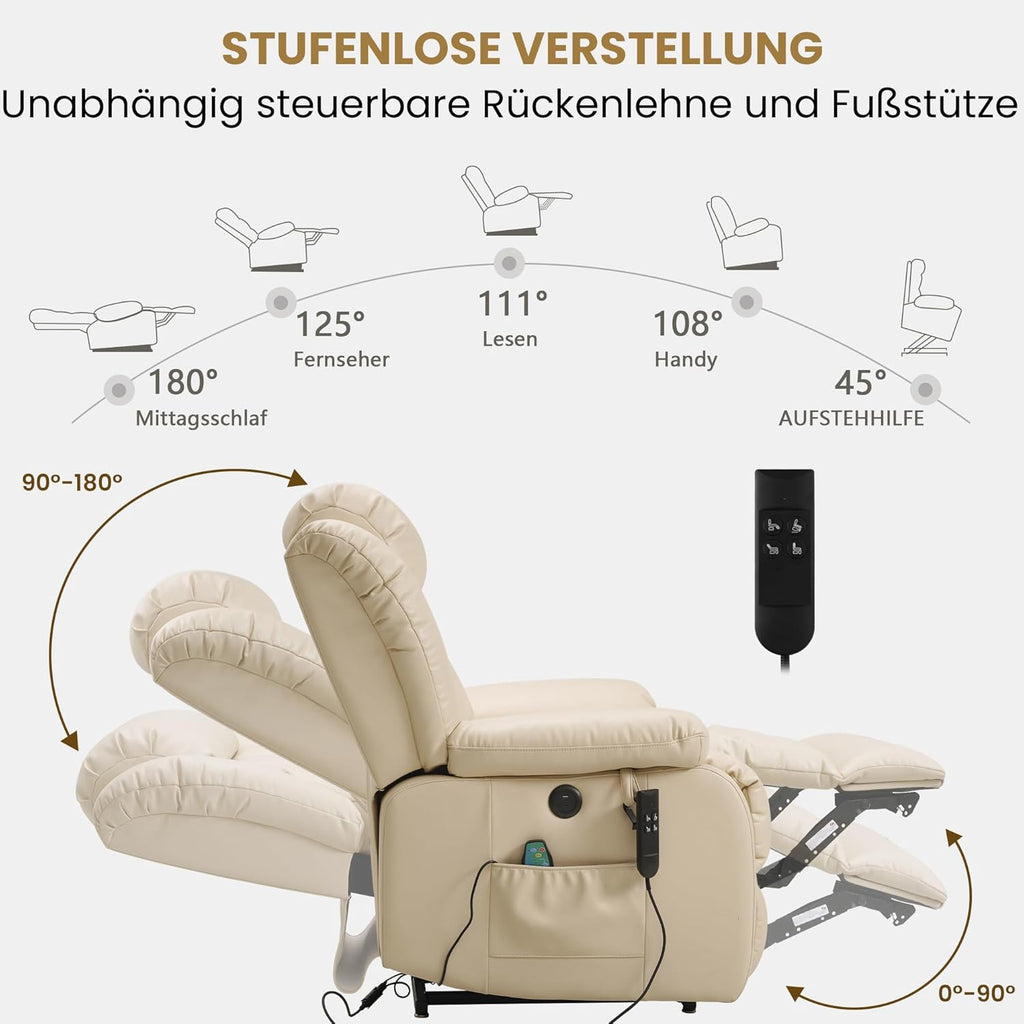 DUANDUAN Elektrischer Relaxsessel mit Aufstehhilfe, 2 Motoren, Massage & Heizung, Kunstleder, Beige