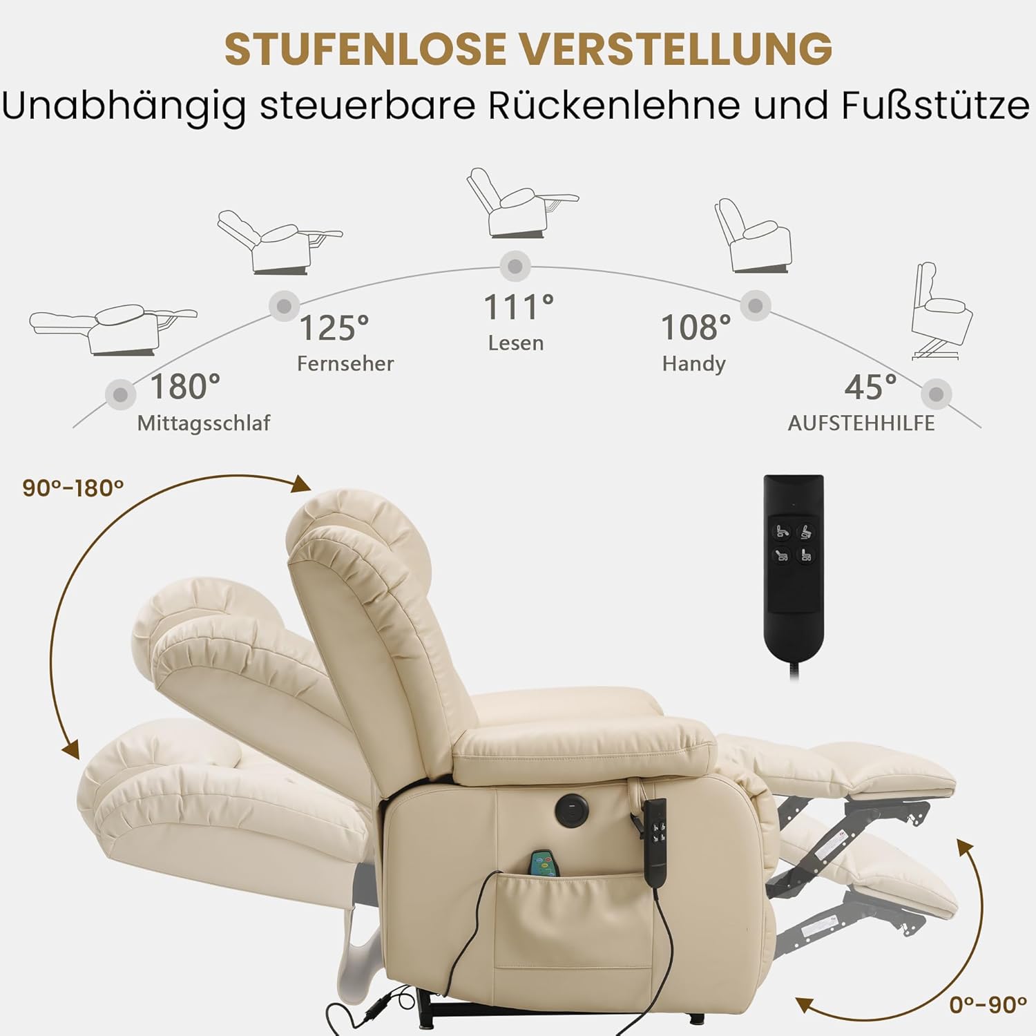 DUANDUAN Elektrischer Relaxsessel mit Aufstehhilfe, 2 Motoren, Massage & Heizung, Kunstleder, Beige