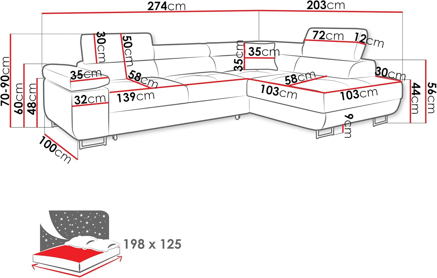 Mirjan24 Ecksofa Torezio mit Schlaffunktion, Bettkasten, Einstellbare Kopfstützen, L-Form Sofa 4-Sitzer, Manila 18, Rechts