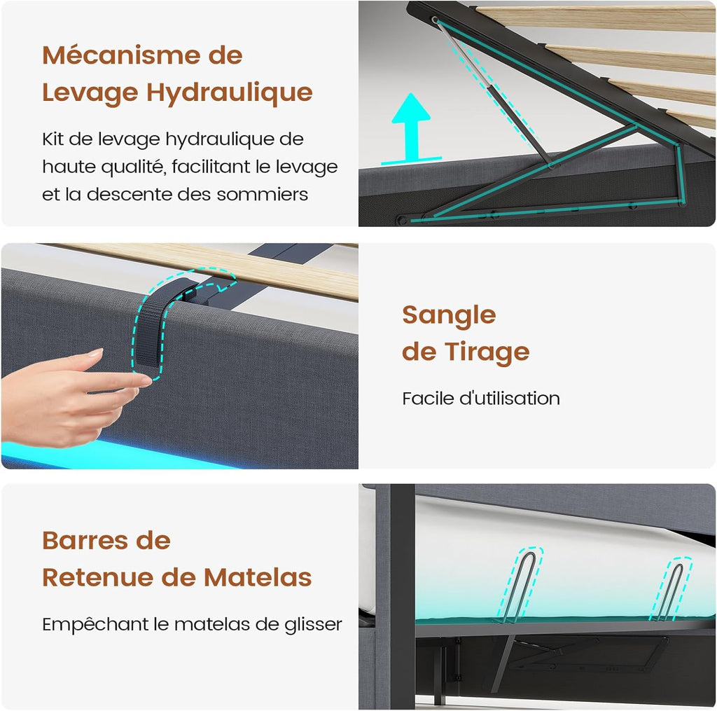 AOGLLATI Hydraulisches Polsterbett 140x200 cm mit LED, USB-Ladestation, Stauraumbett mit Lattenrost, Leinen Dunkelgrau, ohne Matratze