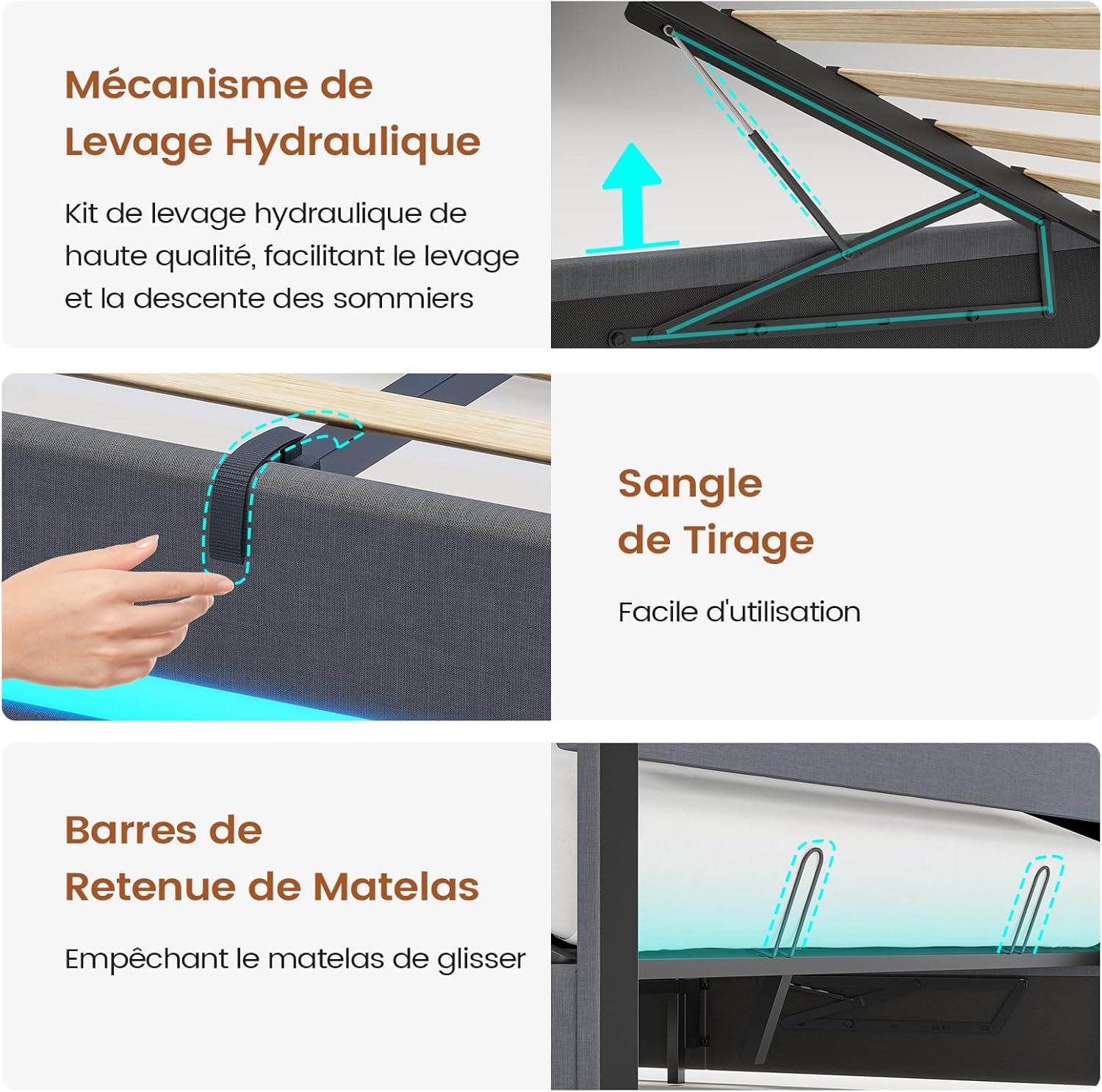 AOGLLATI Hydraulisches Polsterbett 140x200 cm mit LED, USB-Ladestation, Stauraumbett mit Lattenrost, Leinen Dunkelgrau, ohne Matratze