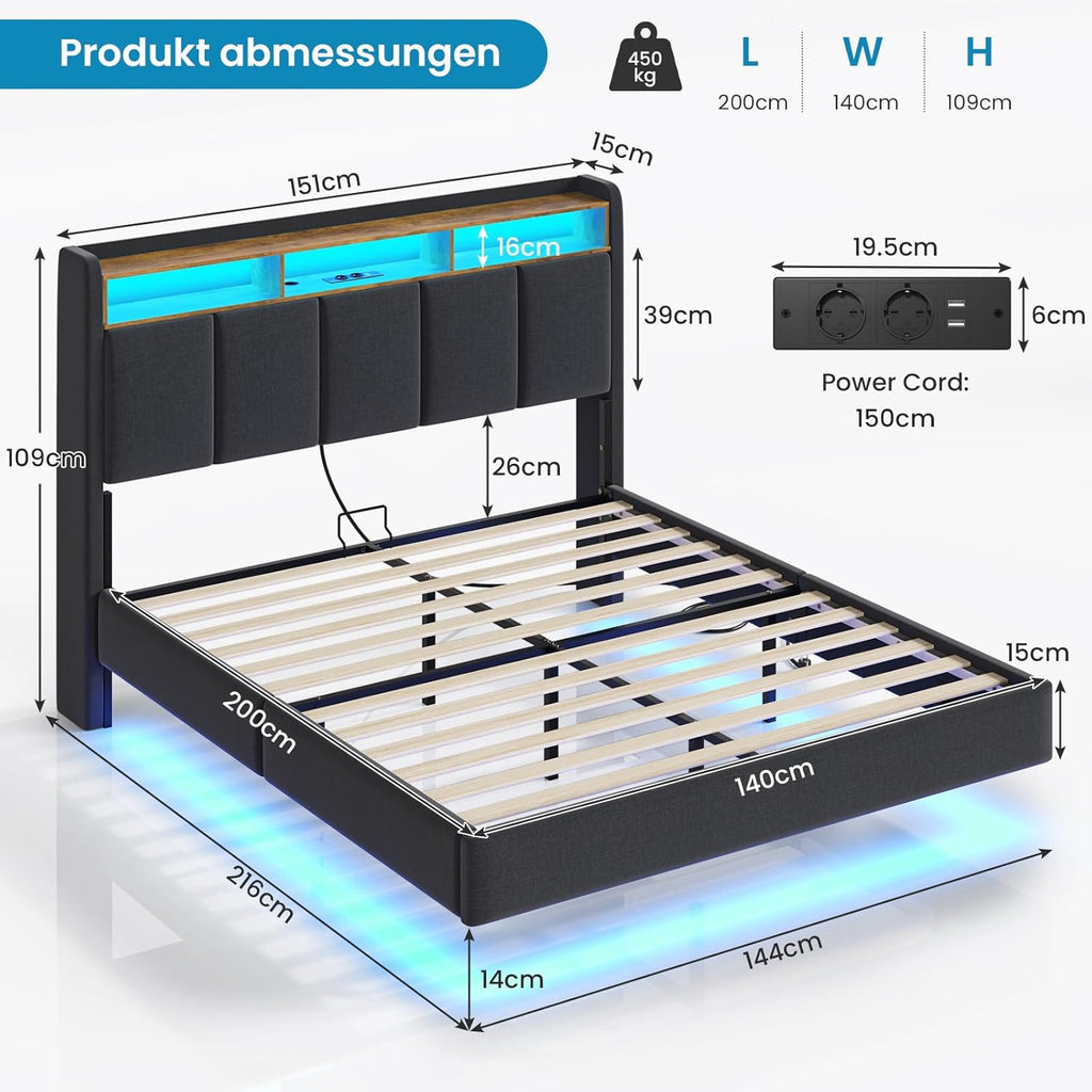 Brinlawb Polsterbett 140x200 cm mit LED, Schwebebett mit Kopfteil, Ladestation, Stauraum, Lattenrost, Leinen Grau