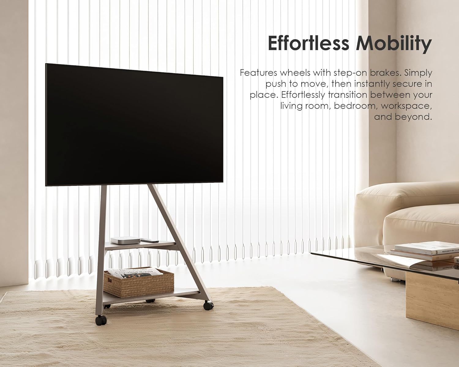 FITUEYES Design TV Ständer Rollbar, Mobiler TV Stand mit Rollen für 32 40 43 55 65 Zoll Flach & Curved Fernseher bis zu 40kg, TV Standfuss höhenverstellbar schwenkbar neigbar, Serie Eiffel