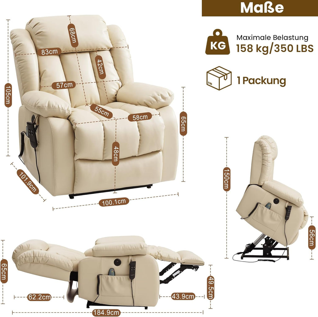 DUANDUAN Elektrischer Relaxsessel mit Aufstehhilfe, 2 Motoren, Massage & Heizung, Kunstleder, Beige