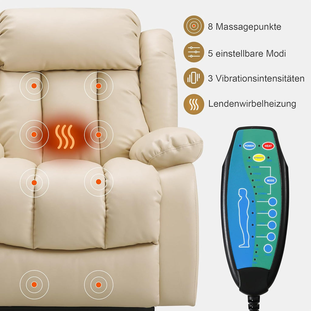 DUANDUAN Elektrischer Relaxsessel mit Aufstehhilfe, 2 Motoren, Massage & Heizung, Kunstleder, Beige