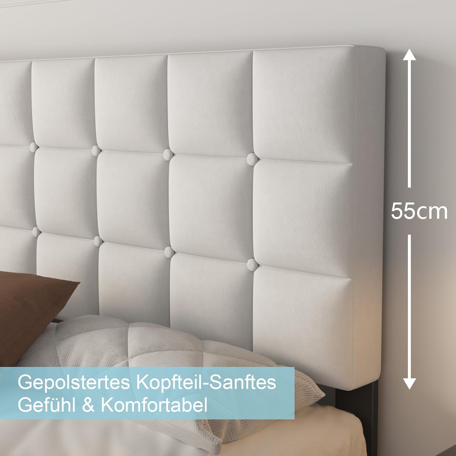 Polsterbett 140x200 cm Doppelbett mit Lattenrost, gepolstertes Kopfteil aus Leinen, Bettgestell Höhe 30 cm mit Stauraum, Weiß