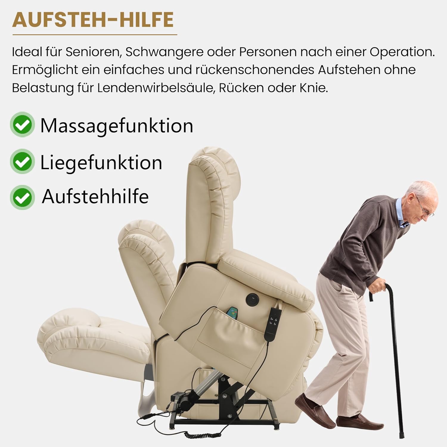 DUANDUAN Elektrischer Relaxsessel mit Aufstehhilfe, 2 Motoren, Massage & Heizung, Kunstleder, Beige