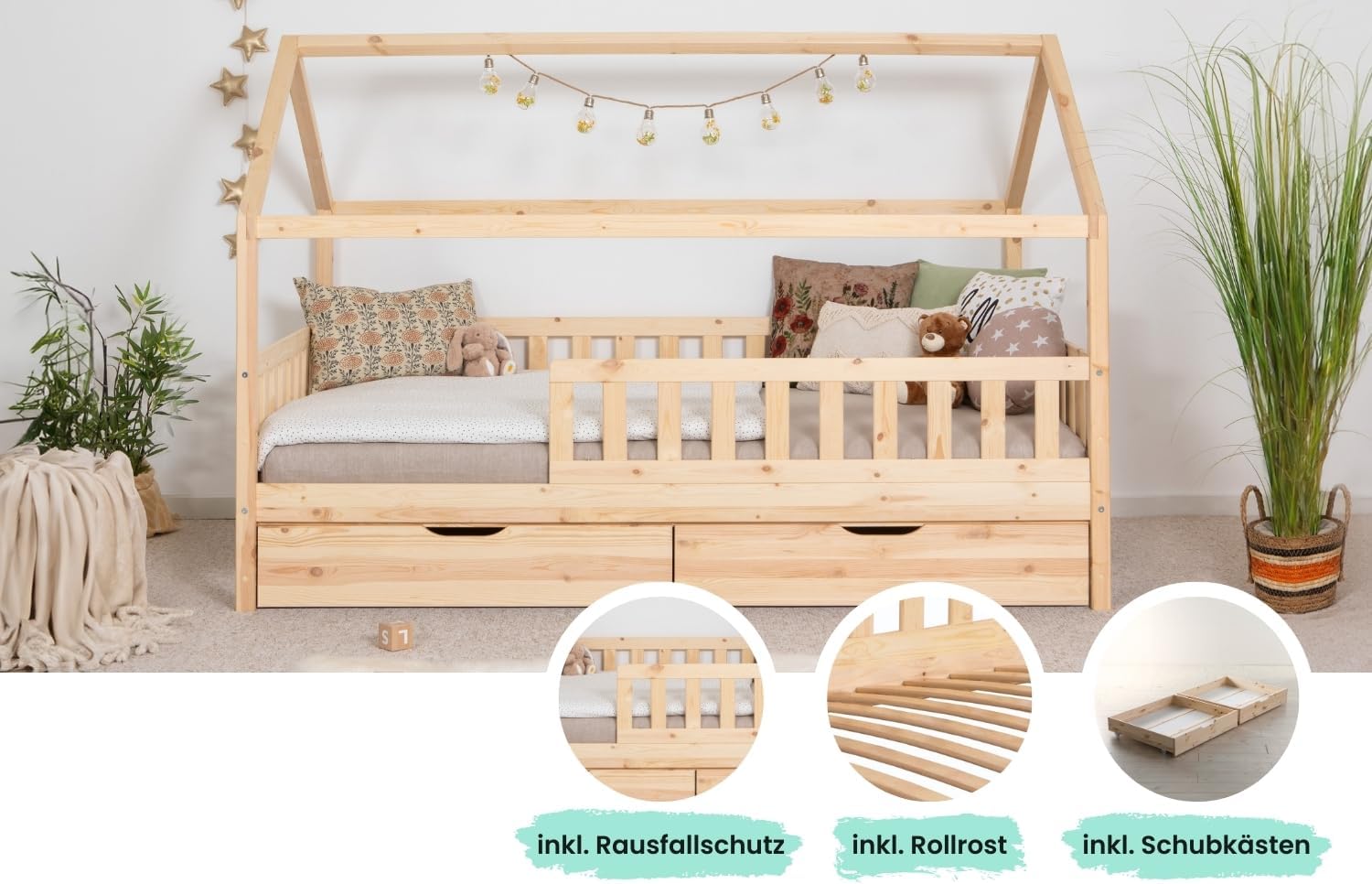 TiCAA Montessori Hausbett Kinderbett 90x200-140x200 cm, Kiefer Massivholz, Schubladen, Rausfallschutz, Rolllattenrost, Jungen & Mädchen