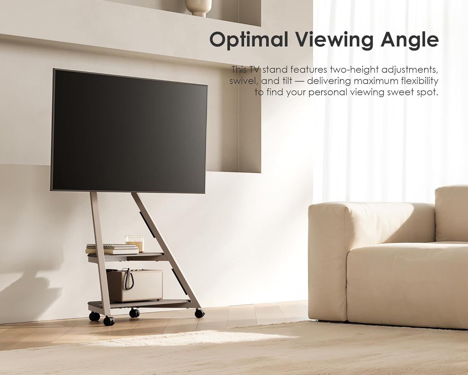 FITUEYES Design TV Ständer Rollbar, Mobiler TV Stand mit Rollen für 32 40 43 55 65 Zoll Flach & Curved Fernseher bis zu 40kg, TV Standfuss höhenverstellbar schwenkbar neigbar, Serie Eiffel