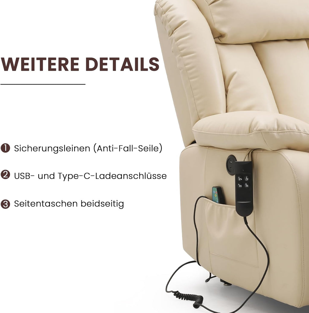 DUANDUAN Elektrischer Relaxsessel mit Aufstehhilfe, 2 Motoren, Massage & Heizung, Kunstleder, Beige