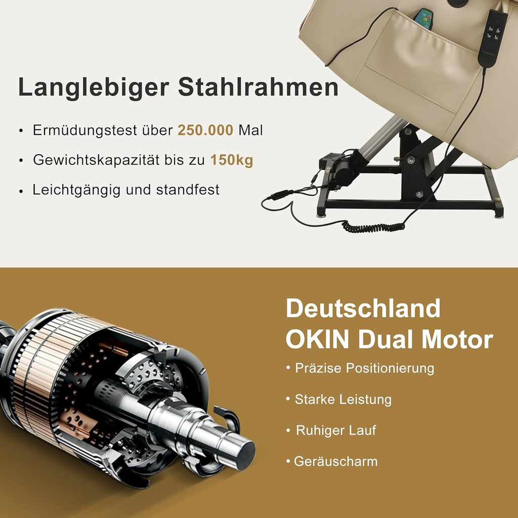 DUANDUAN Elektrischer Relaxsessel mit Aufstehhilfe, 2 Motoren, Massage & Heizung, Kunstleder, Beige
