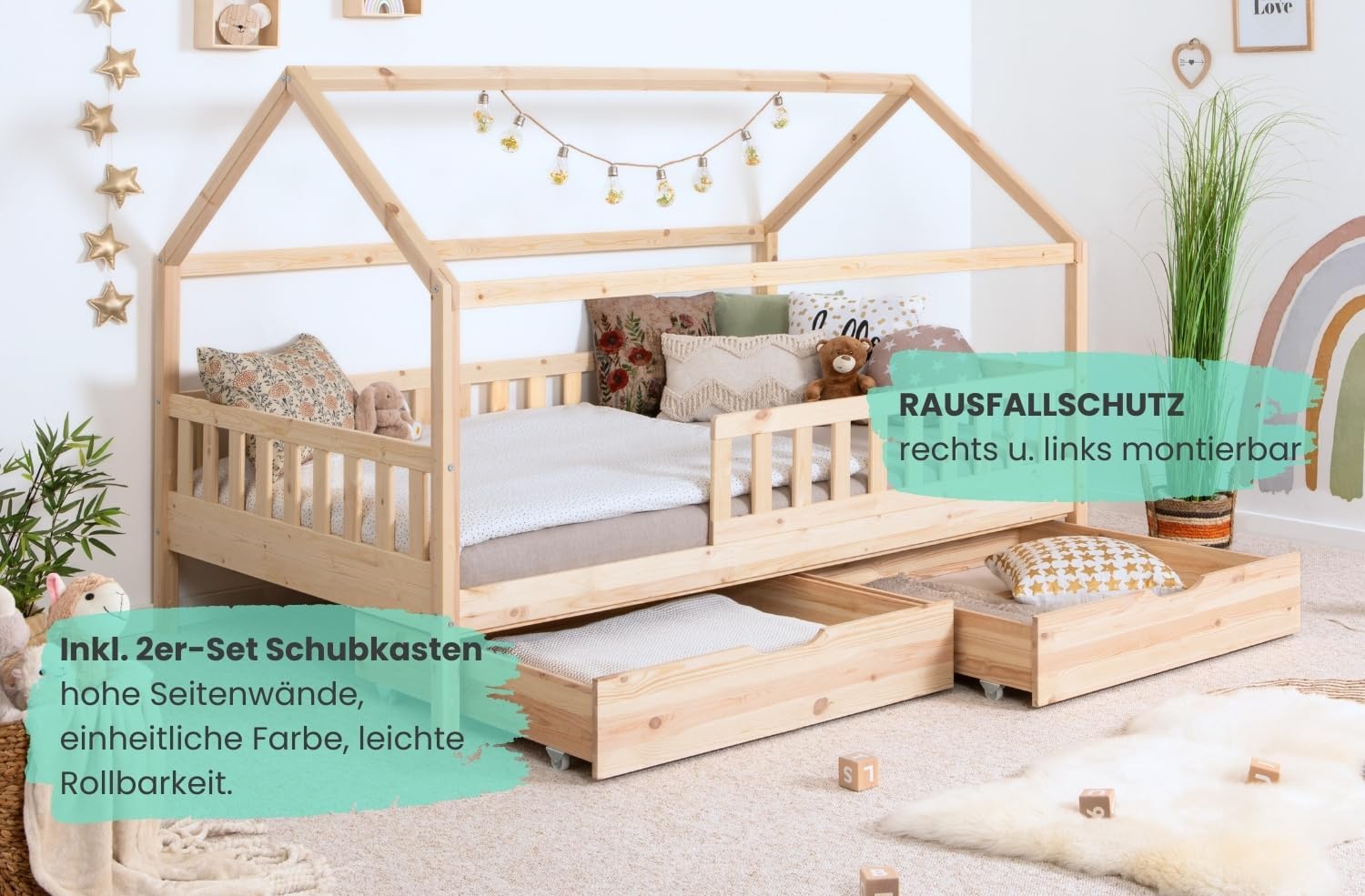 TiCAA Montessori Hausbett Kinderbett 90x200-140x200 cm, Kiefer Massivholz, Schubladen, Rausfallschutz, Rolllattenrost, Jungen & Mädchen