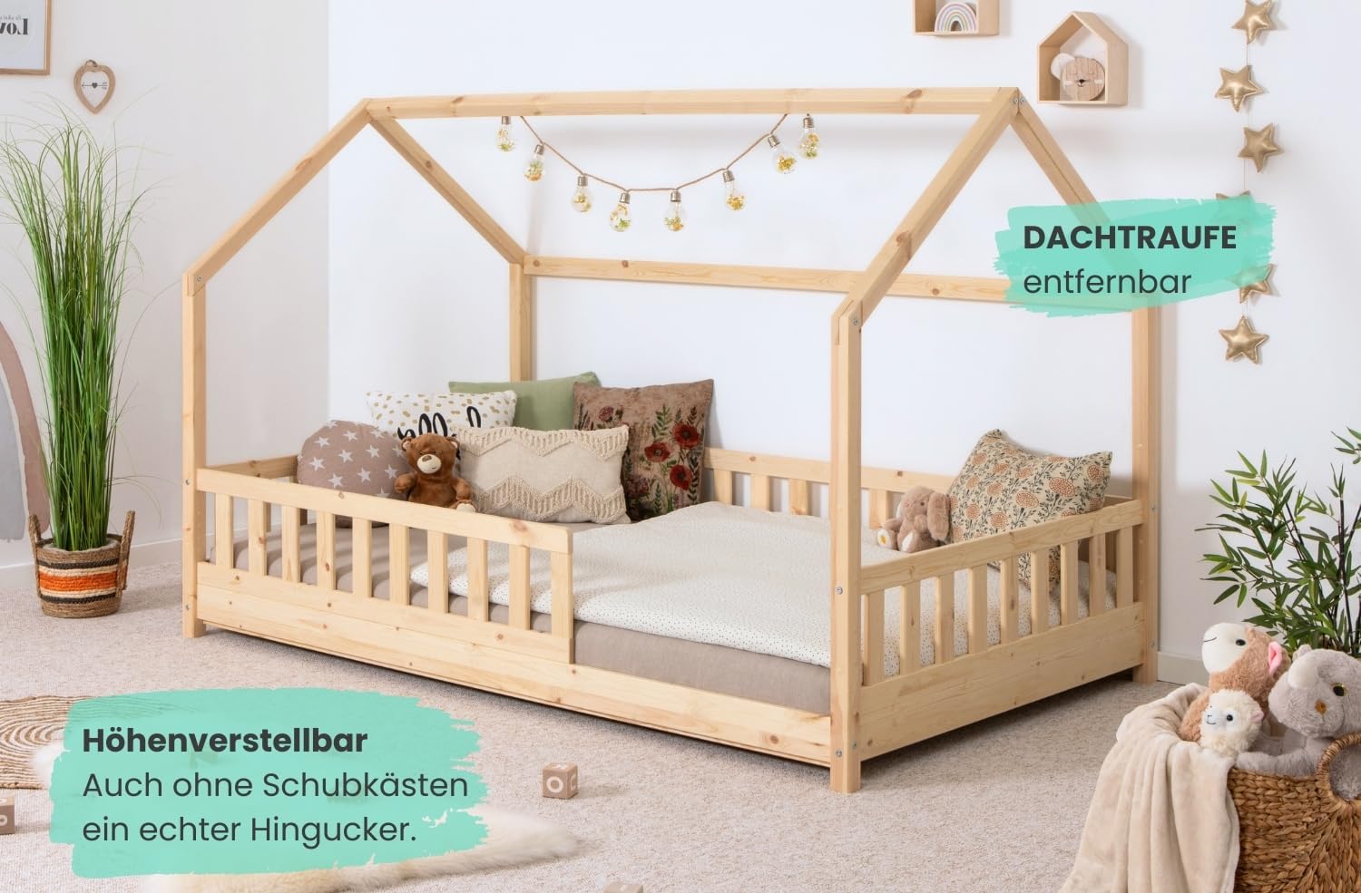 TiCAA Montessori Hausbett Kinderbett 90x200-140x200 cm, Kiefer Massivholz, Schubladen, Rausfallschutz, Rolllattenrost, Jungen & Mädchen