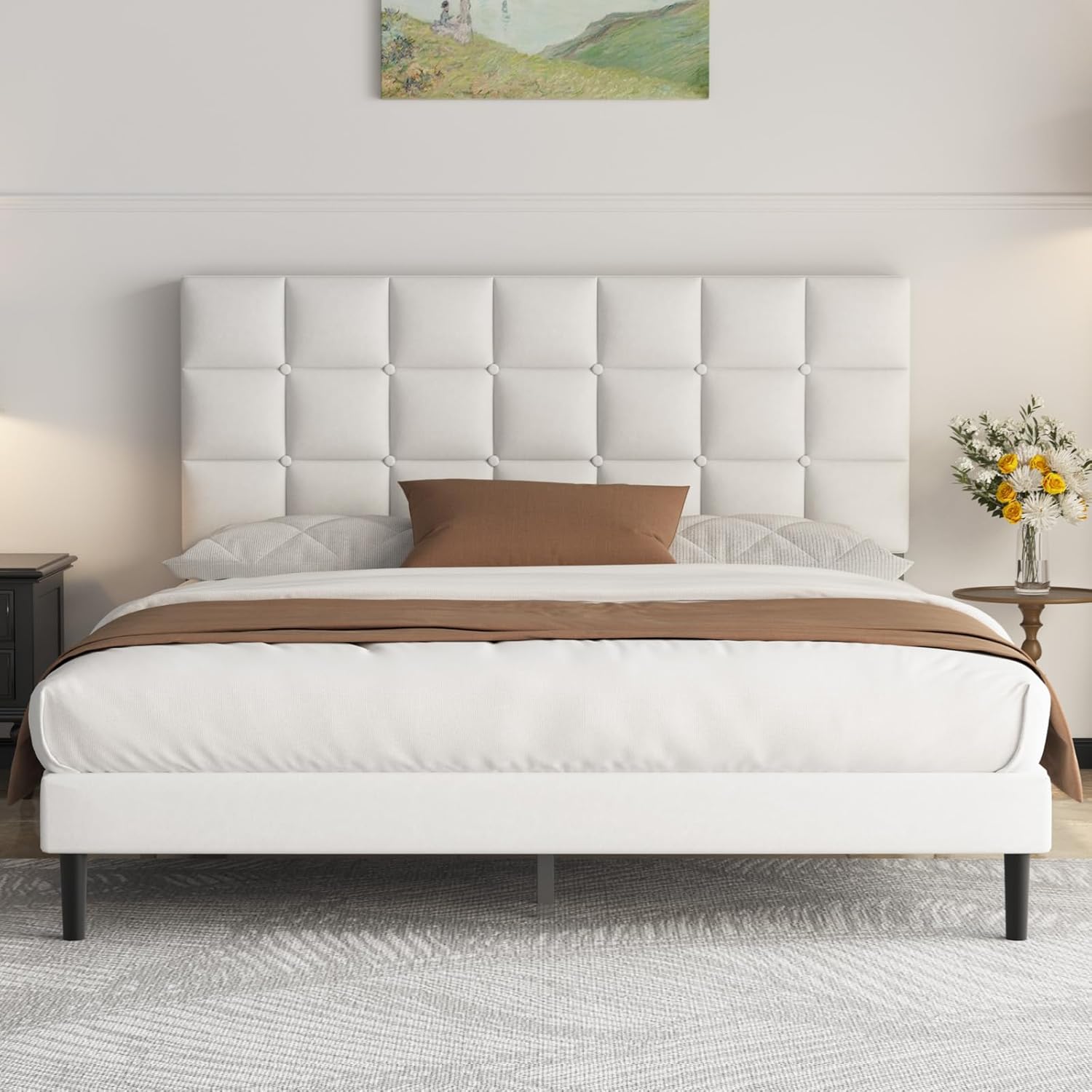 Polsterbett 140x200 cm Doppelbett mit Lattenrost, gepolstertes Kopfteil aus Leinen, Bettgestell Höhe 30 cm mit Stauraum, Weiß