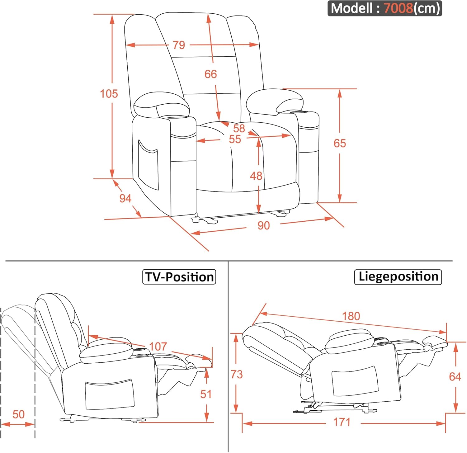 M MCombo Fernsehsessel elektrisch verstellbar 150° mit Massage & Heizung, TV Sessel, USB, Getränkehalter, 35D Vollschaum, Stoff Dunkelgrau