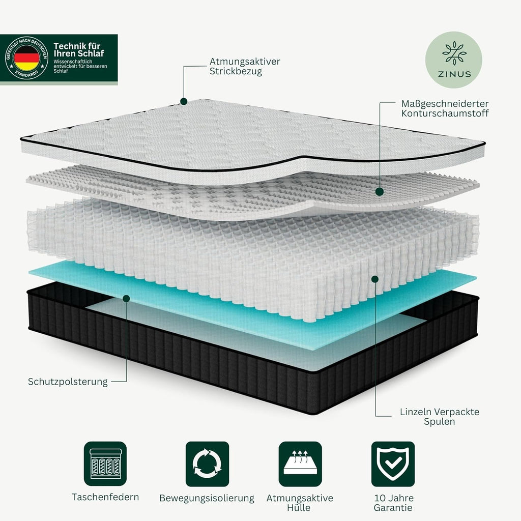 Zinus Taschenfederkernmatratze 90x200 cm, Medium Härte, Hochdichter Komfortschaum, Recycelte Polsterung, Oeko-TEX, 25 cm Höhe