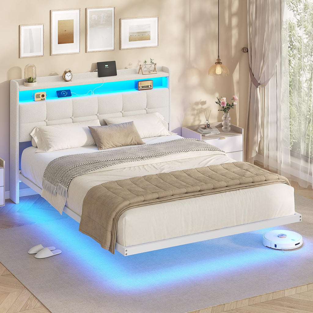 AOGLLATI Polsterbett 140x200 cm mit LED und USB, Metallbett schwebende Optik, Dunkelgrau