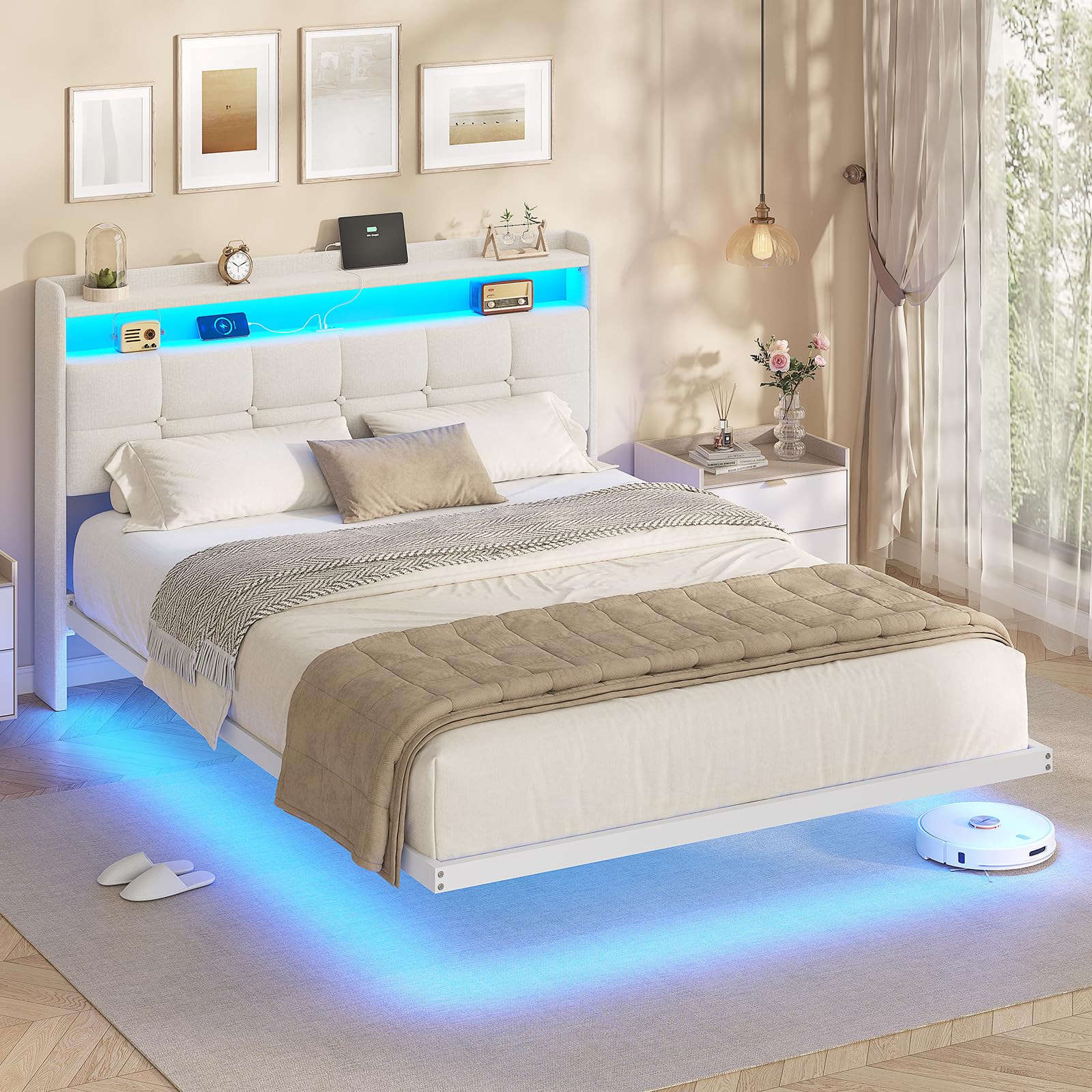 AOGLLATI Polsterbett 140x200 cm mit LED und USB, Metallbett schwebende Optik, Dunkelgrau