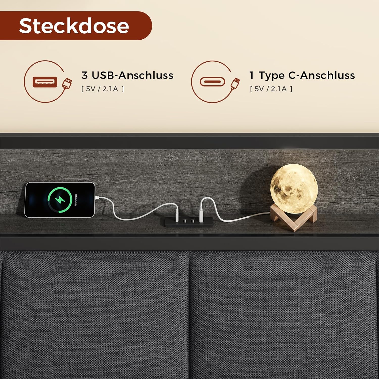 KIMENICH Polsterbett 140x190 cm mit LED-Beleuchtung, Lattenrost, Ladestation, Leinenstoff, Grau, schwebender Effekt