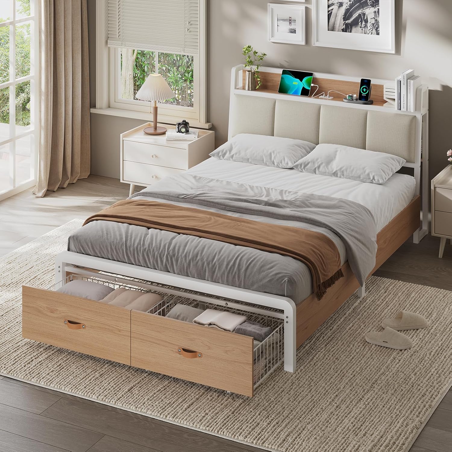 KIMENICH Metallbett 140x200 cm mit Lattenrost, 2 Schubladen, Holzkopfteil, Ladestation, Weiß/Natur