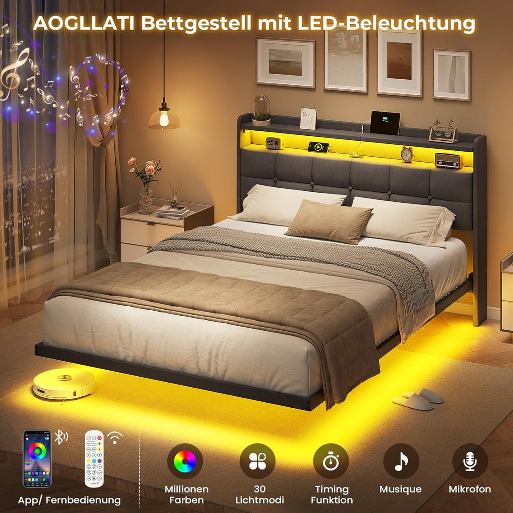 AOGLLATI Polsterbett 140x200 cm mit LED und USB, Metallbett schwebende Optik, Dunkelgrau