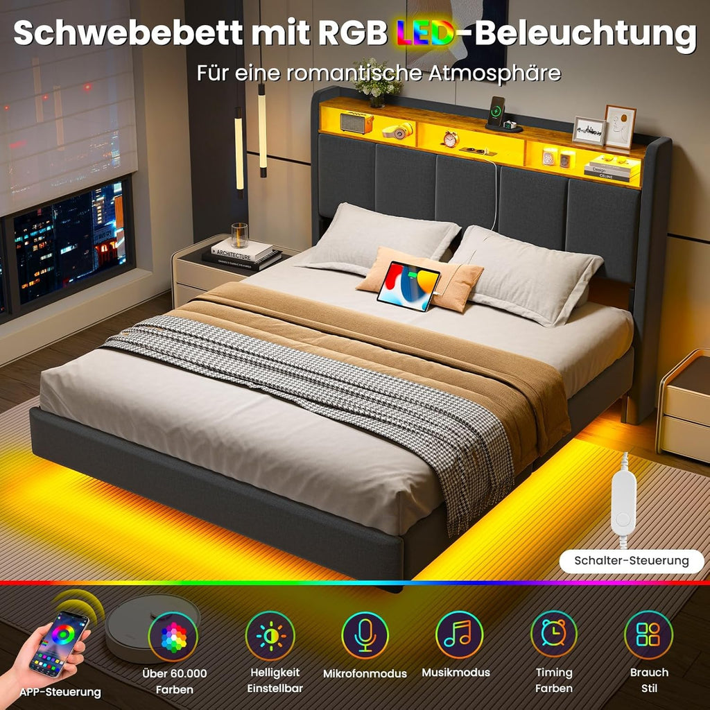 Brinlawb Polsterbett 140x200 cm mit LED, Schwebebett mit Kopfteil, Ladestation, Stauraum, Lattenrost, Leinen Grau