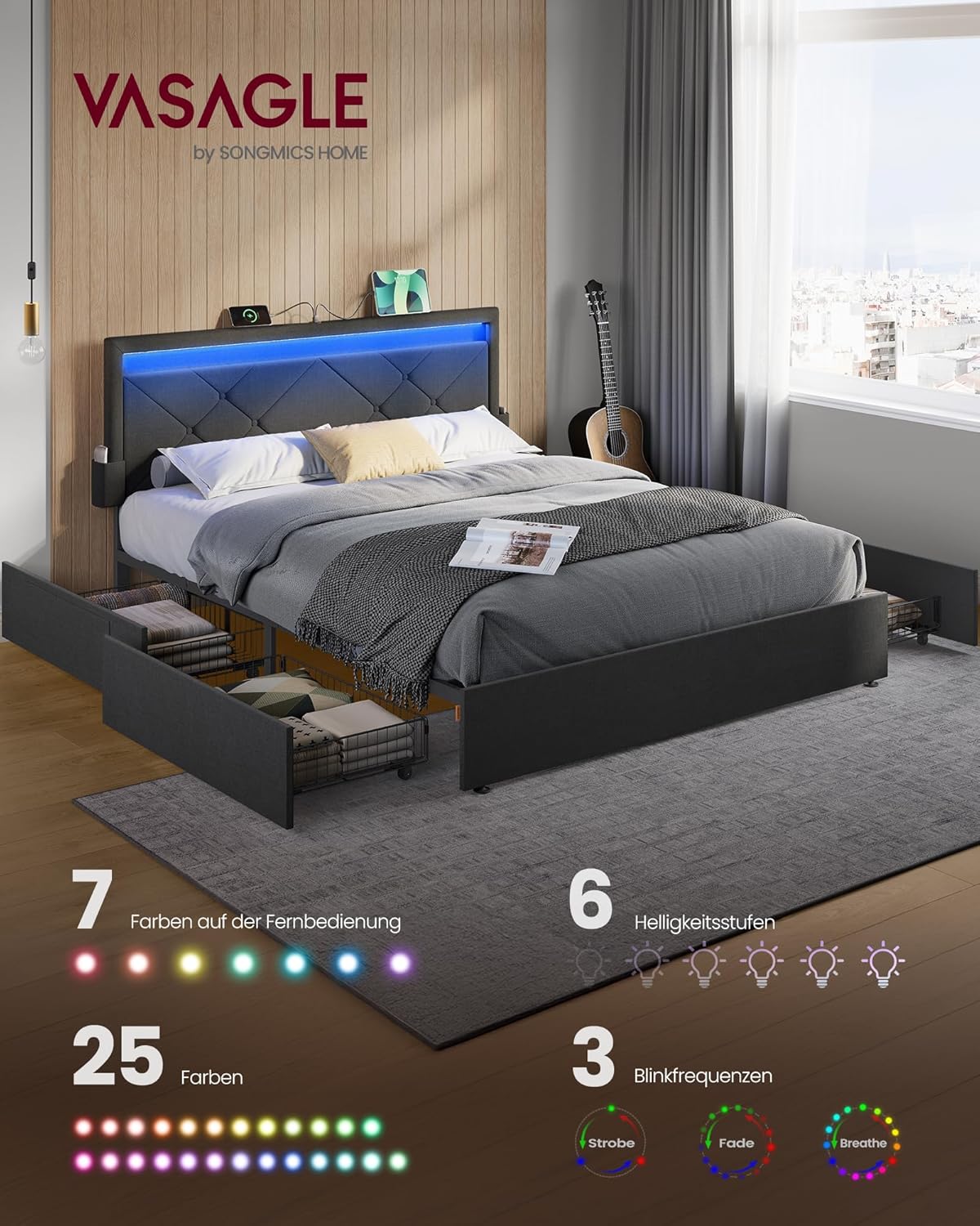 VASAGLE Doppelbettgestell 140x200 cm mit LED, Metallbett mit Schubladen, USB-Ladestation, gepolstertes Kopfteil, Schiefergrau