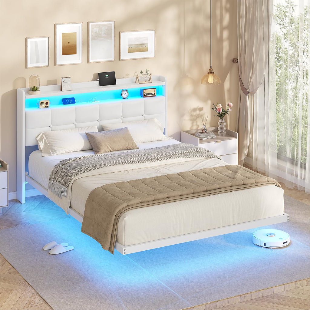 AOGLLATI Polsterbett 140x200 cm mit LED und USB, Metallbett schwebende Optik, Dunkelgrau