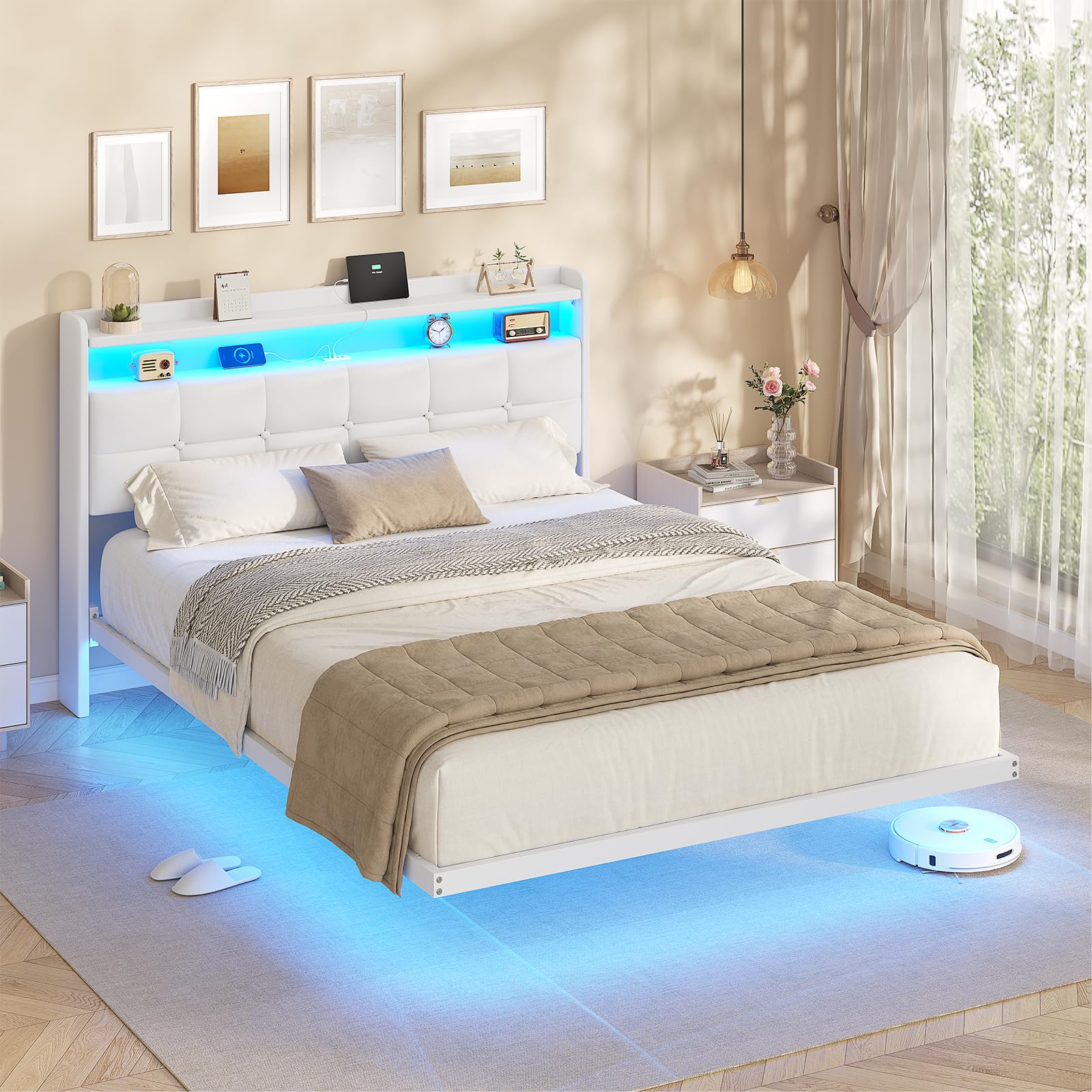 AOGLLATI Polsterbett 140x200 cm mit LED und USB, Metallbett schwebende Optik, Dunkelgrau