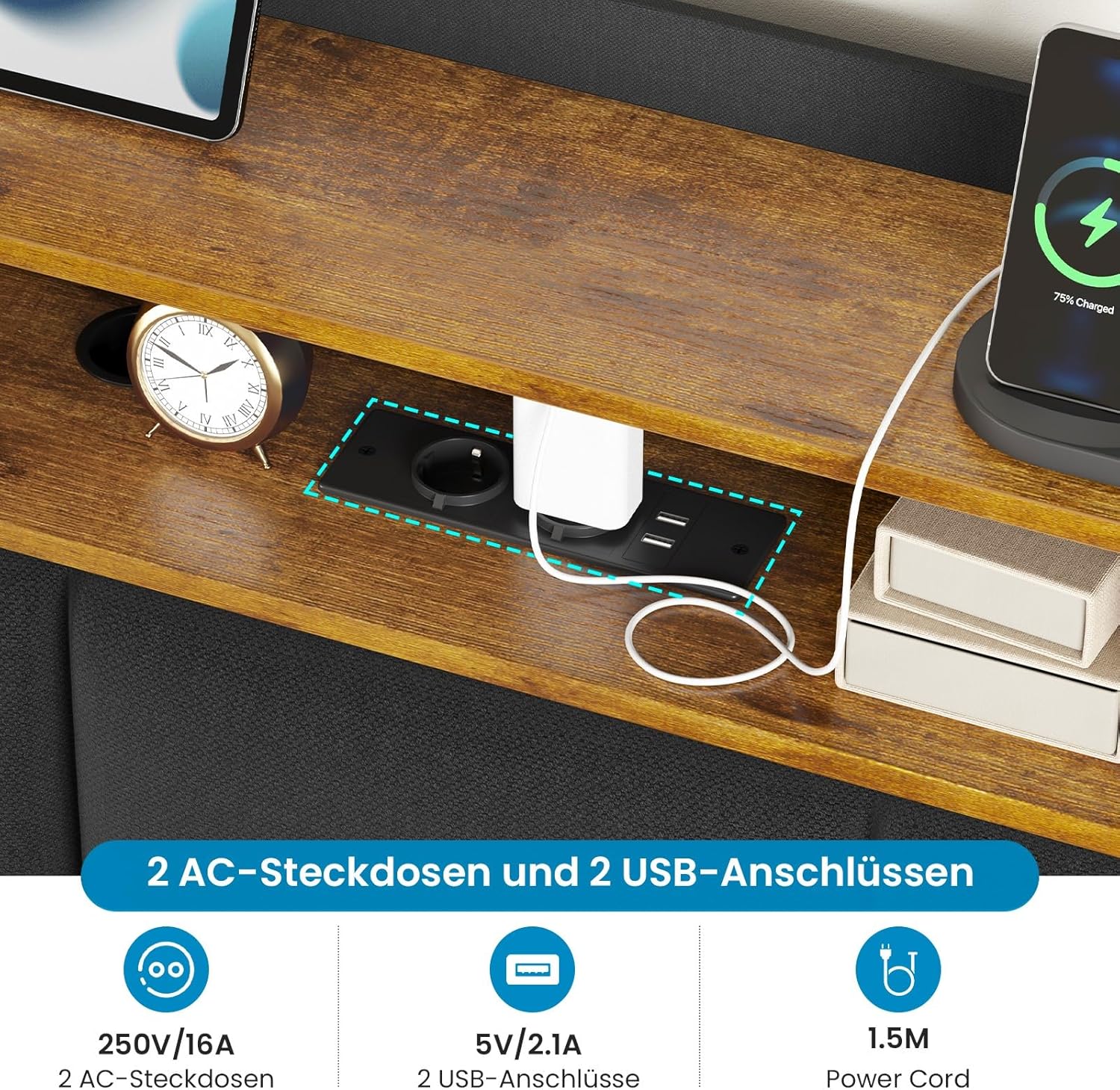 Brinlawb Polsterbett 140x200 cm mit LED, Schwebebett mit Kopfteil, Ladestation, Stauraum, Lattenrost, Leinen Grau