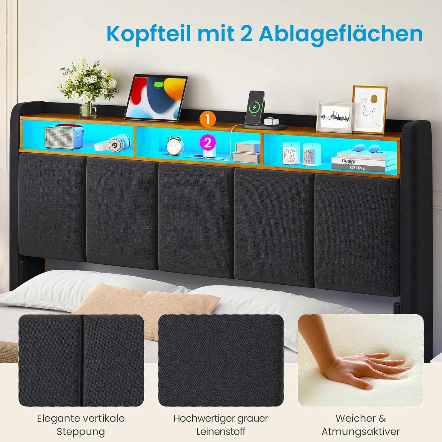 Brinlawb Polsterbett 140x200 cm mit LED, Schwebebett mit Kopfteil, Ladestation, Stauraum, Lattenrost, Leinen Grau