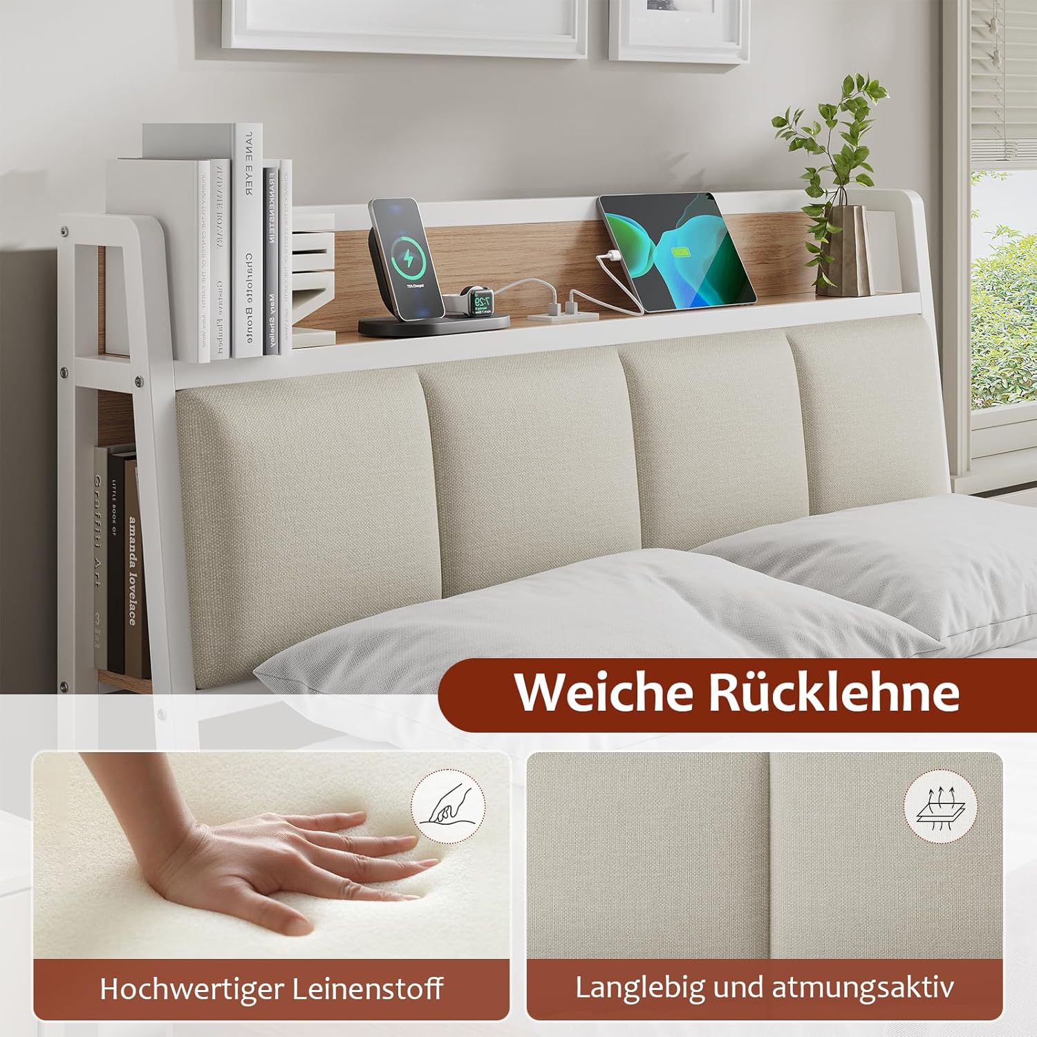 KIMENICH Metallbett 140x200 cm mit Lattenrost, 2 Schubladen, Holzkopfteil, Ladestation, Weiß/Natur