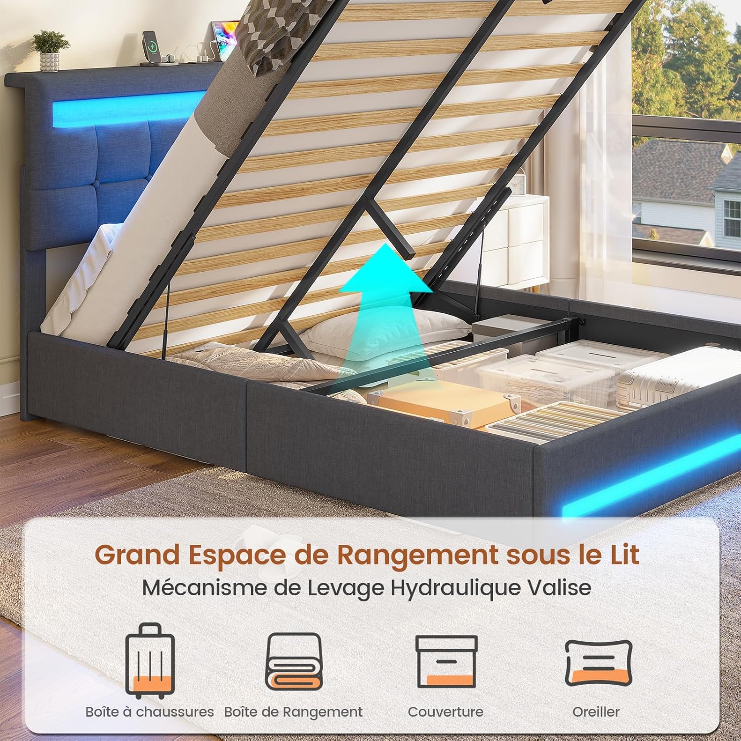 AOGLLATI Hydraulisches Polsterbett 140x200 cm mit LED, USB-Ladestation, Stauraumbett mit Lattenrost, Leinen Dunkelgrau, ohne Matratze