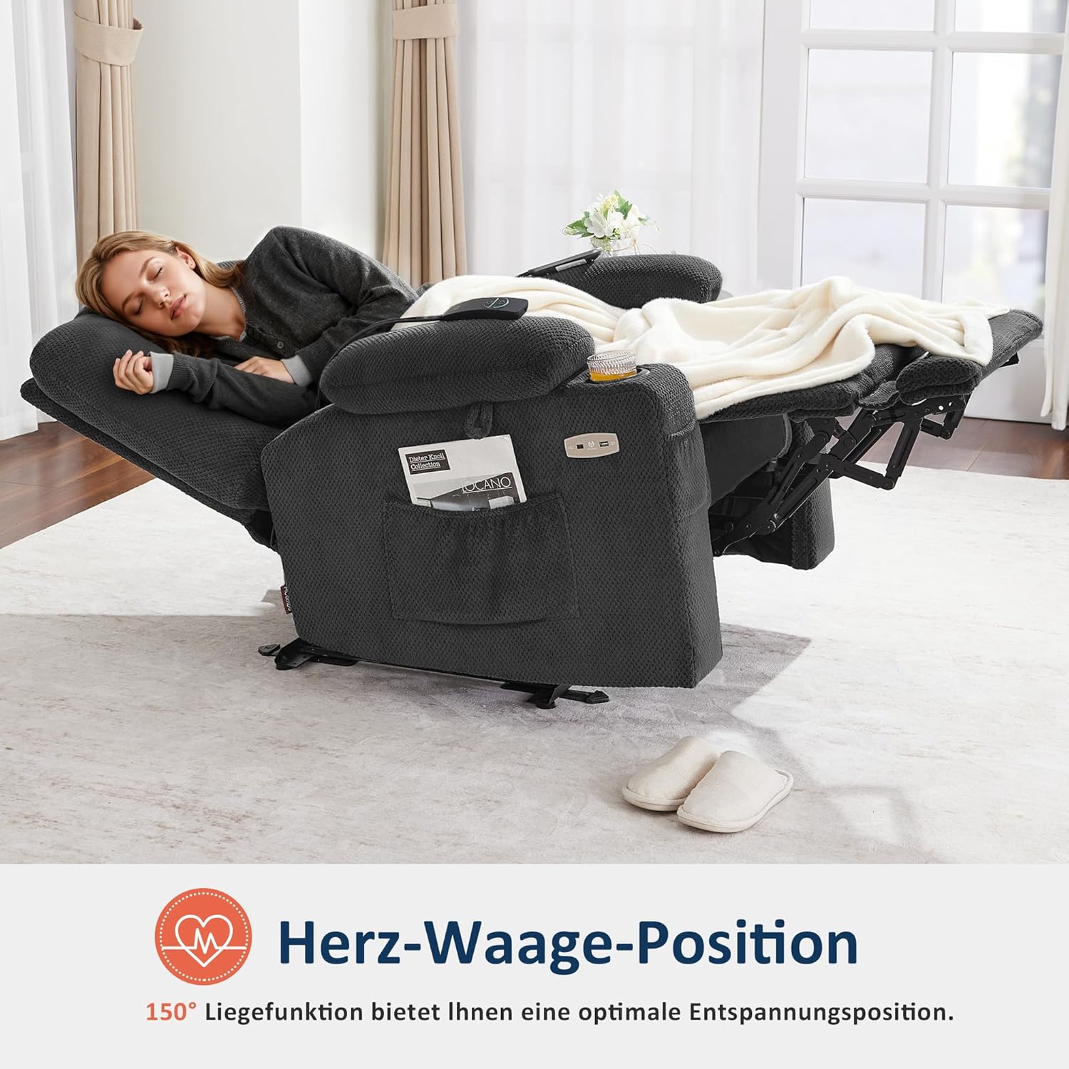 M MCombo Fernsehsessel elektrisch verstellbar 150° mit Massage & Heizung, TV Sessel, USB, Getränkehalter, 35D Vollschaum, Stoff Dunkelgrau