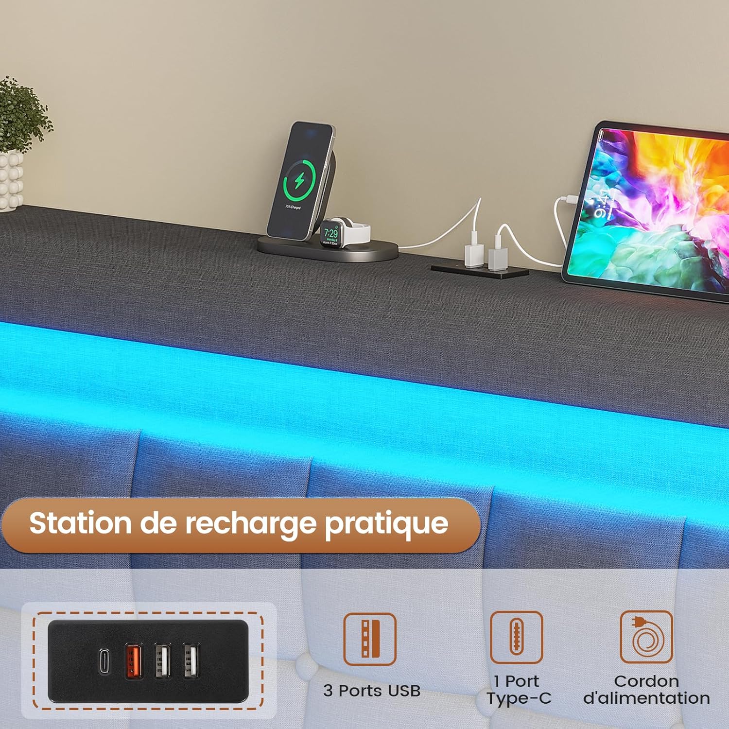 AOGLLATI Hydraulisches Polsterbett 140x200 cm mit LED, USB-Ladestation, Stauraumbett mit Lattenrost, Leinen Dunkelgrau, ohne Matratze