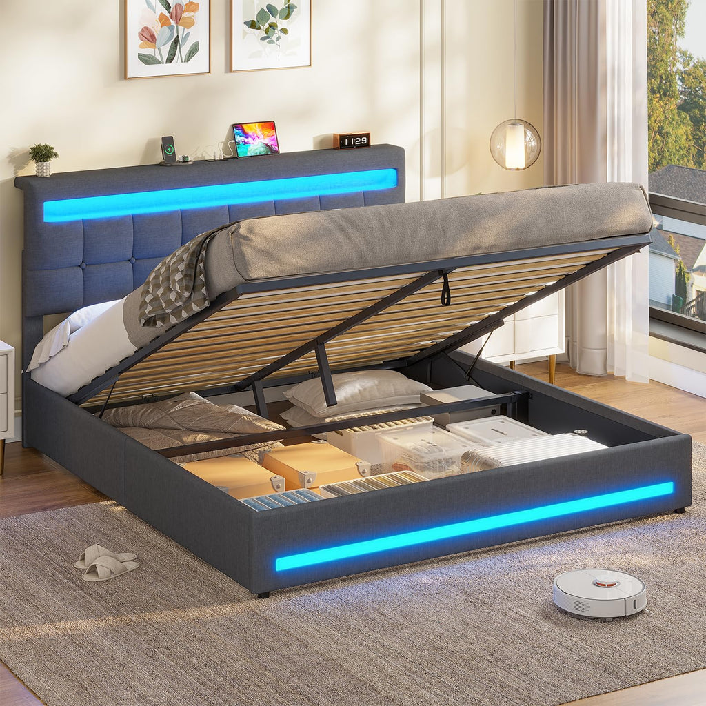 AOGLLATI Hydraulisches Polsterbett 140x200 cm mit LED, USB-Ladestation, Stauraumbett mit Lattenrost, Leinen Dunkelgrau, ohne Matratze