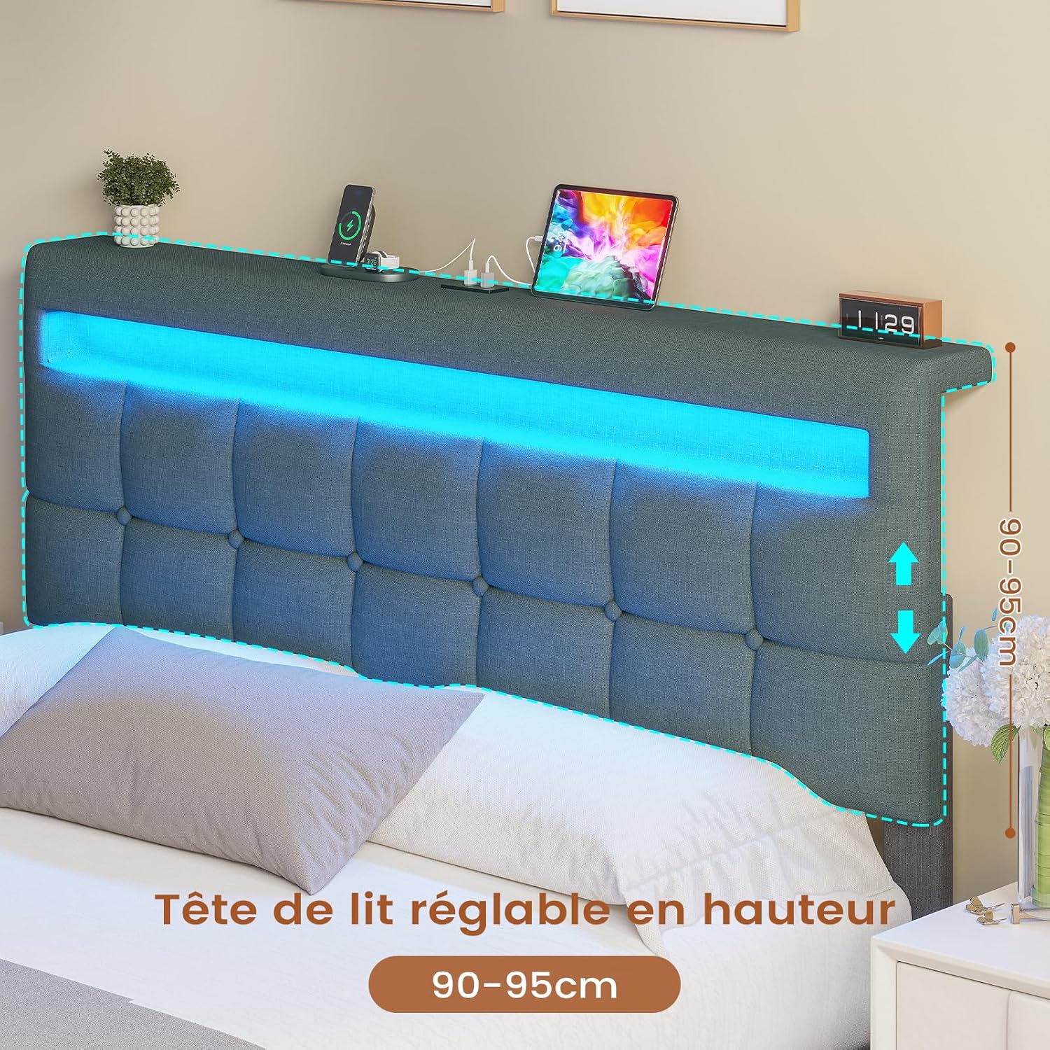 AOGLLATI Hydraulisches Polsterbett 140x200 cm mit LED, USB-Ladestation, Stauraumbett mit Lattenrost, Leinen Dunkelgrau, ohne Matratze