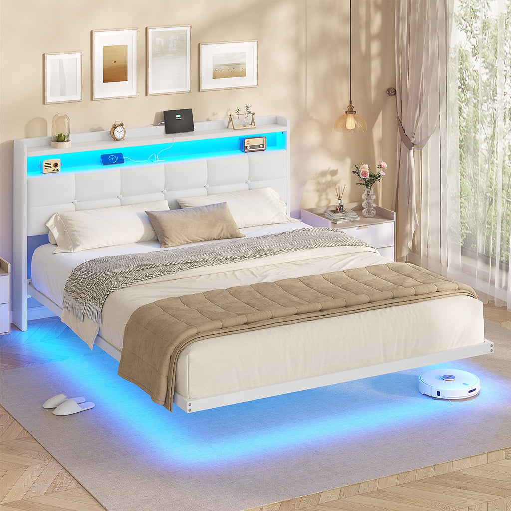 AOGLLATI Polsterbett 140x200 cm mit LED und USB, Metallbett schwebende Optik, Dunkelgrau