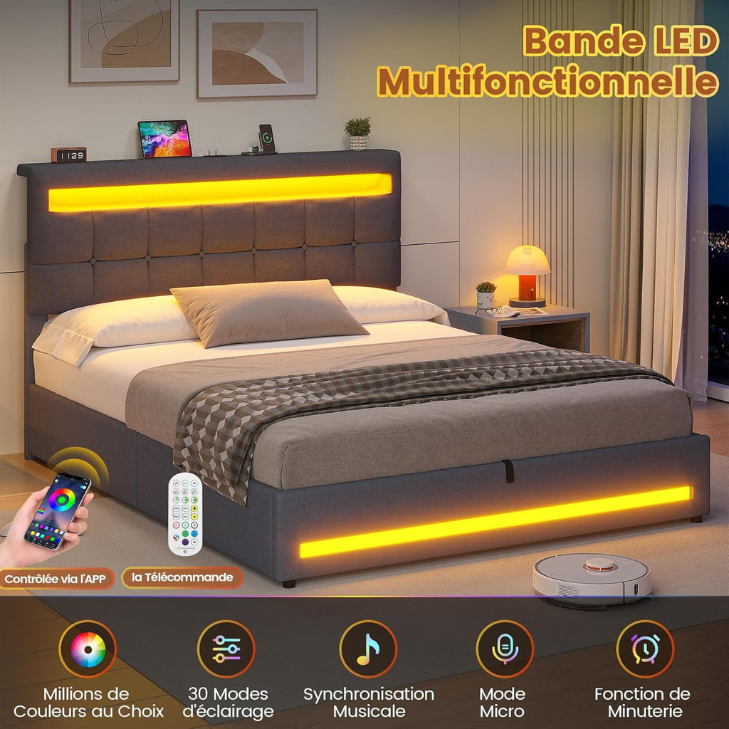 AOGLLATI Hydraulisches Polsterbett 140x200 cm mit LED, USB-Ladestation, Stauraumbett mit Lattenrost, Leinen Dunkelgrau, ohne Matratze