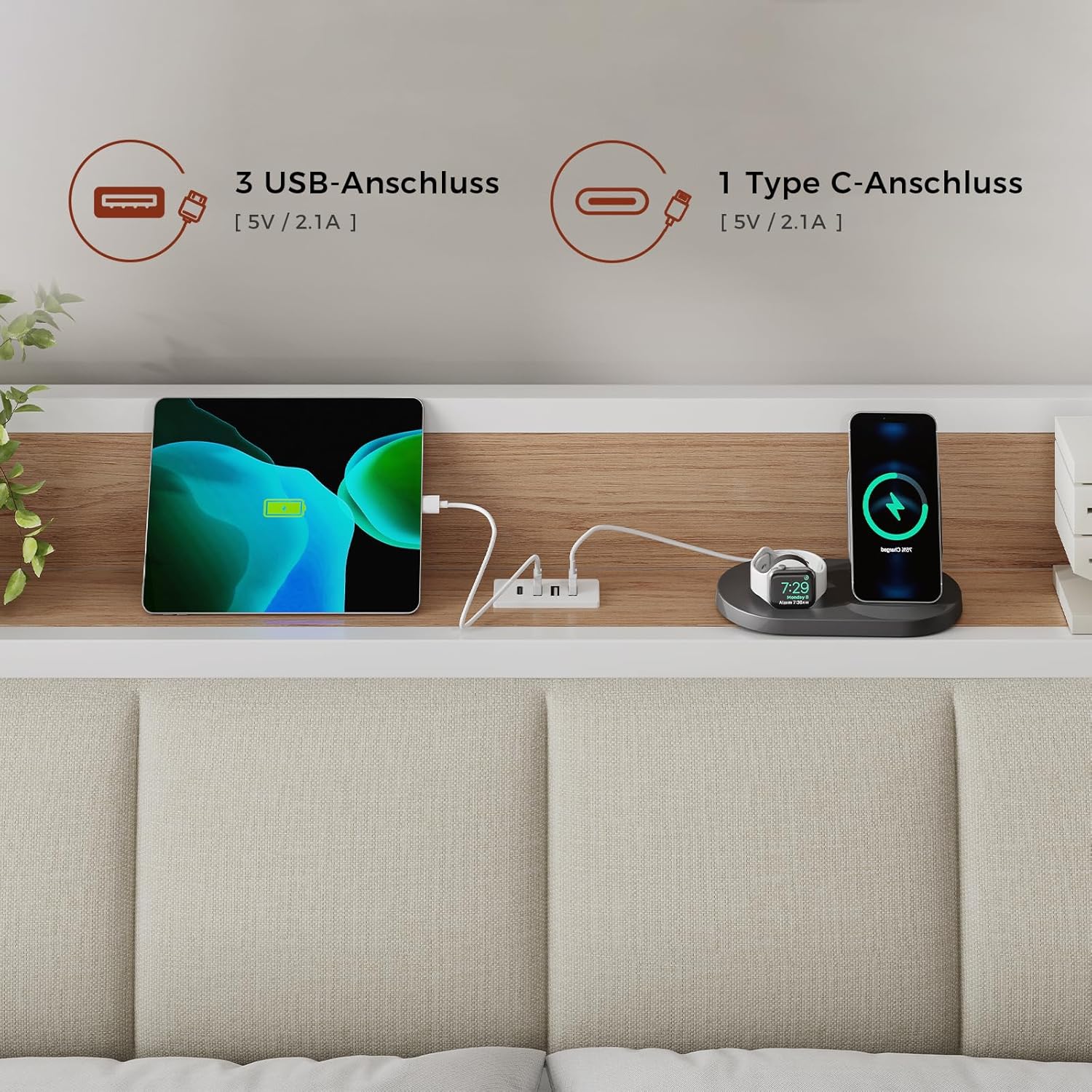 KIMENICH Metallbett 140x200 cm mit Lattenrost, 2 Schubladen, Holzkopfteil, Ladestation, Weiß/Natur