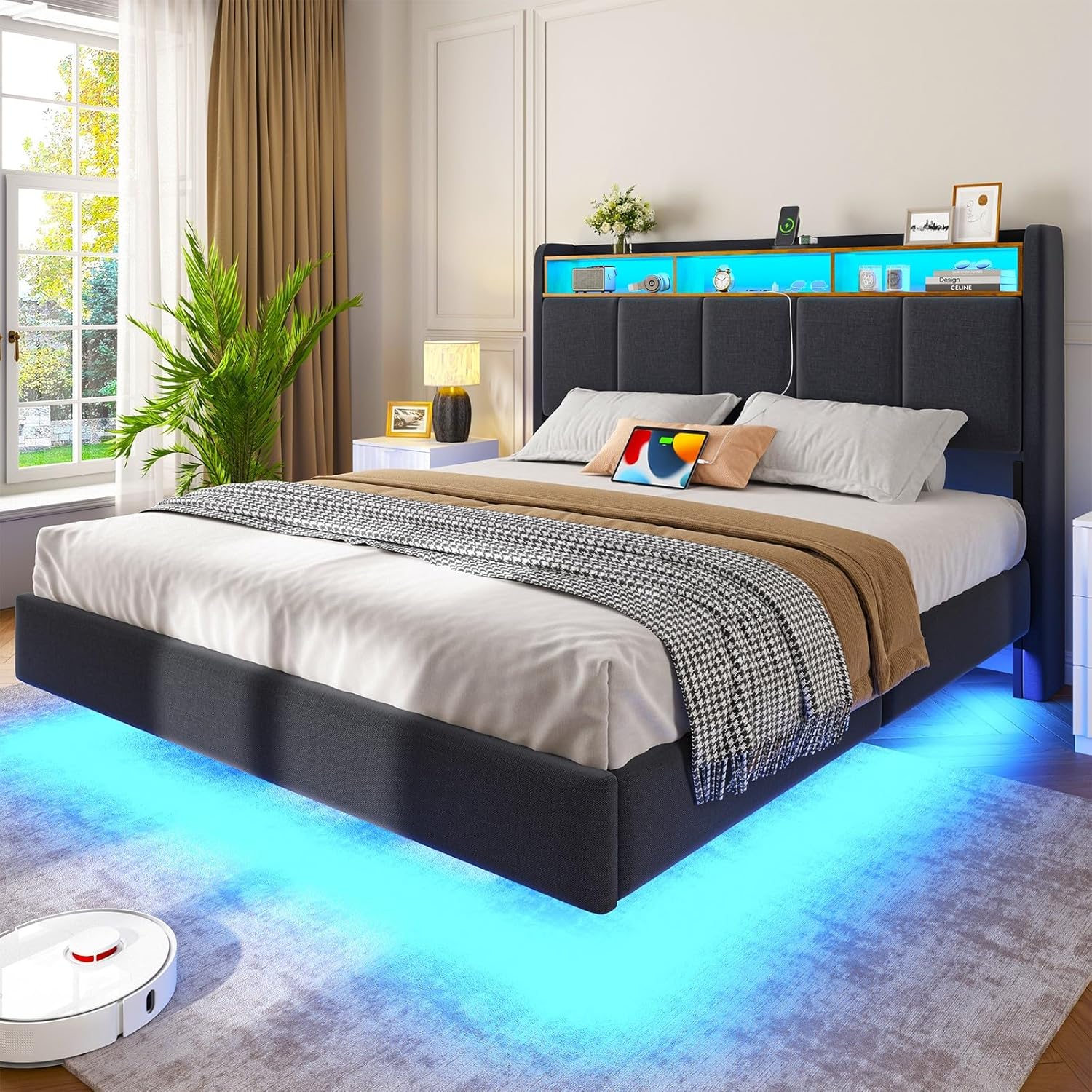 Brinlawb Polsterbett 140x200 cm mit LED, Schwebebett mit Kopfteil, Ladestation, Stauraum, Lattenrost, Leinen Grau