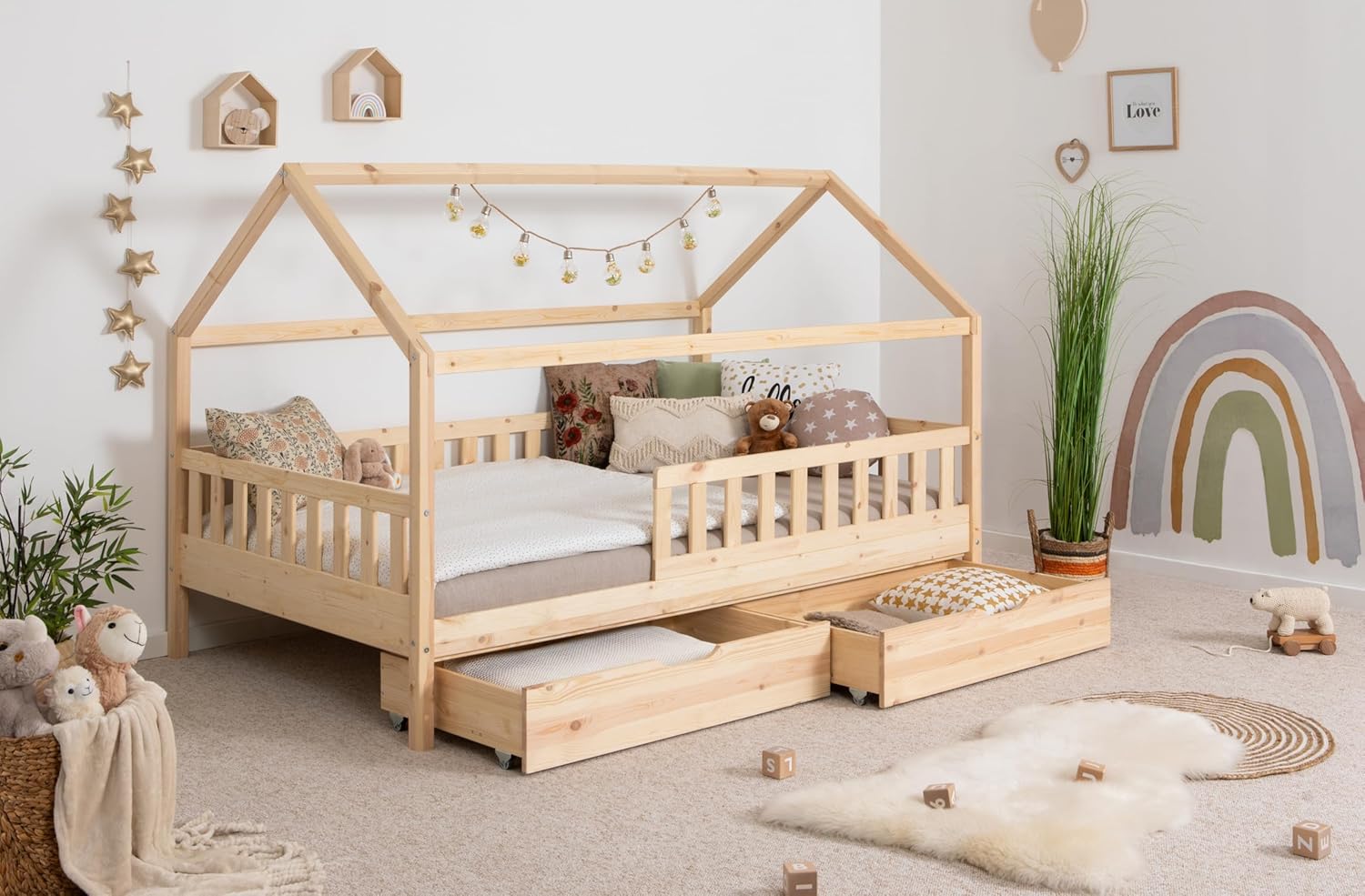 TiCAA Montessori Hausbett Kinderbett 90x200-140x200 cm, Kiefer Massivholz, Schubladen, Rausfallschutz, Rolllattenrost, Jungen & Mädchen