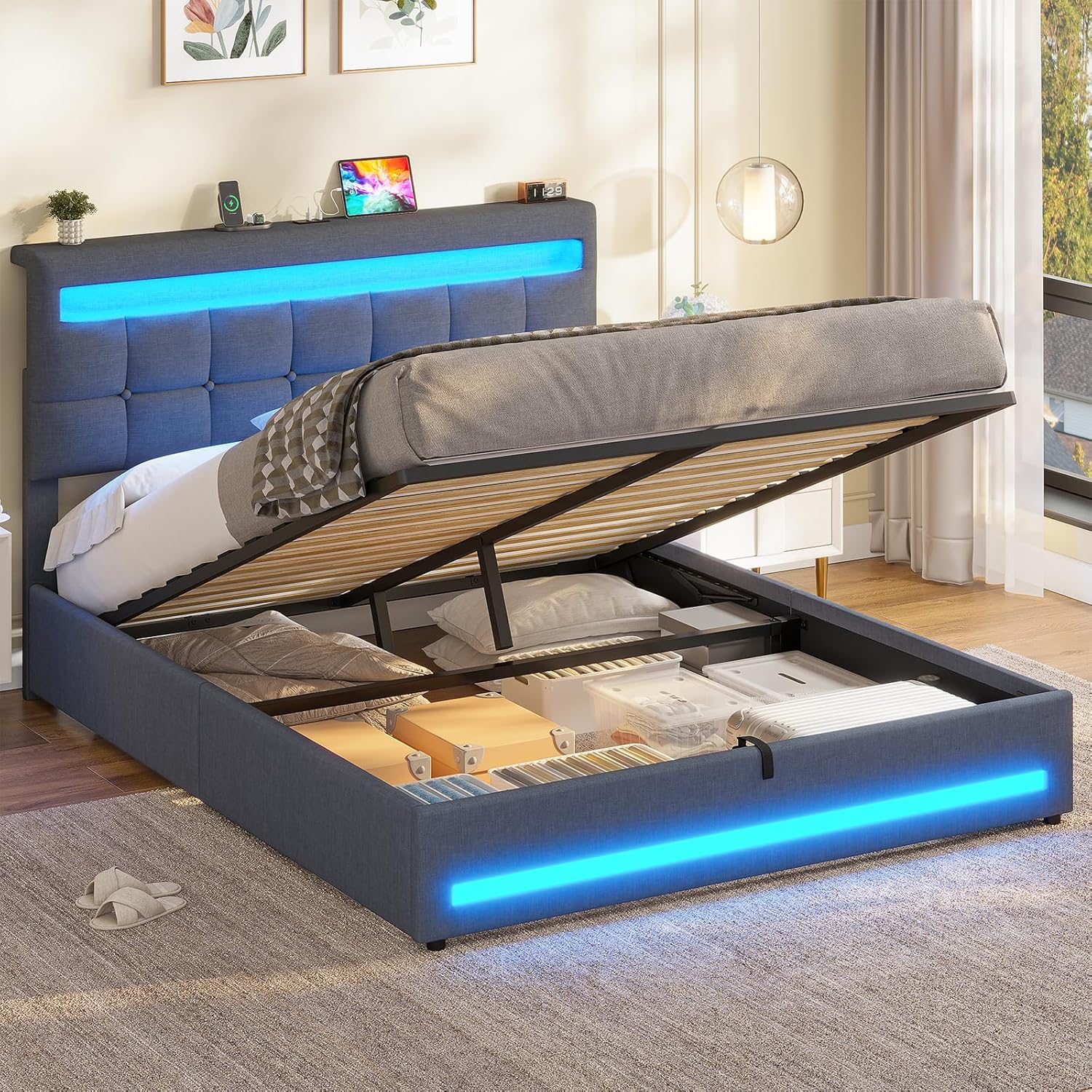 AOGLLATI Hydraulisches Polsterbett 140x200 cm mit LED, USB-Ladestation, Stauraumbett mit Lattenrost, Leinen Dunkelgrau, ohne Matratze